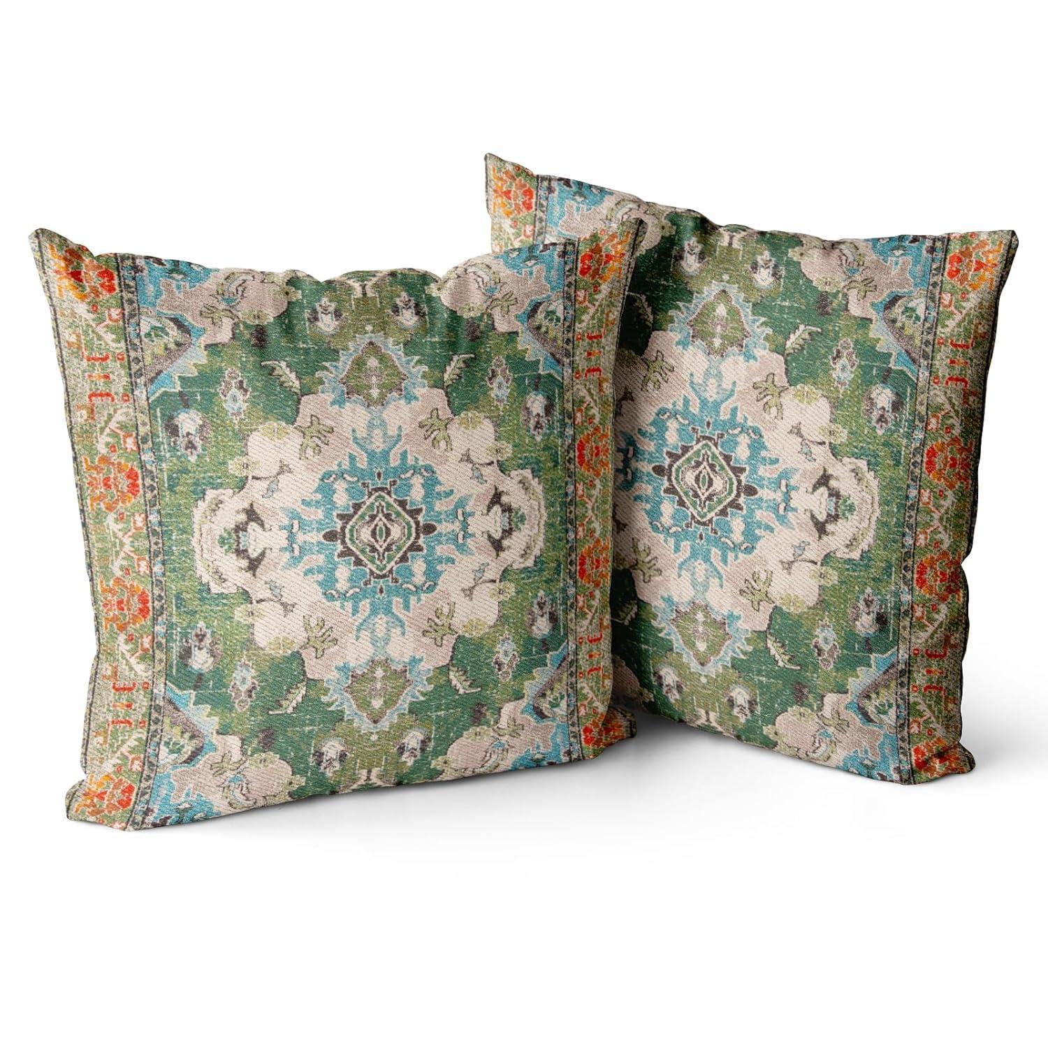 Boho Green Throw Pillow Covers 18x18 inch Set of 2,Bohemian Carpet Double Sided Pattern Soft Plush Cushion Cover for Couch Sofa Bed Decorative,Only Pillowcase (No Insert)