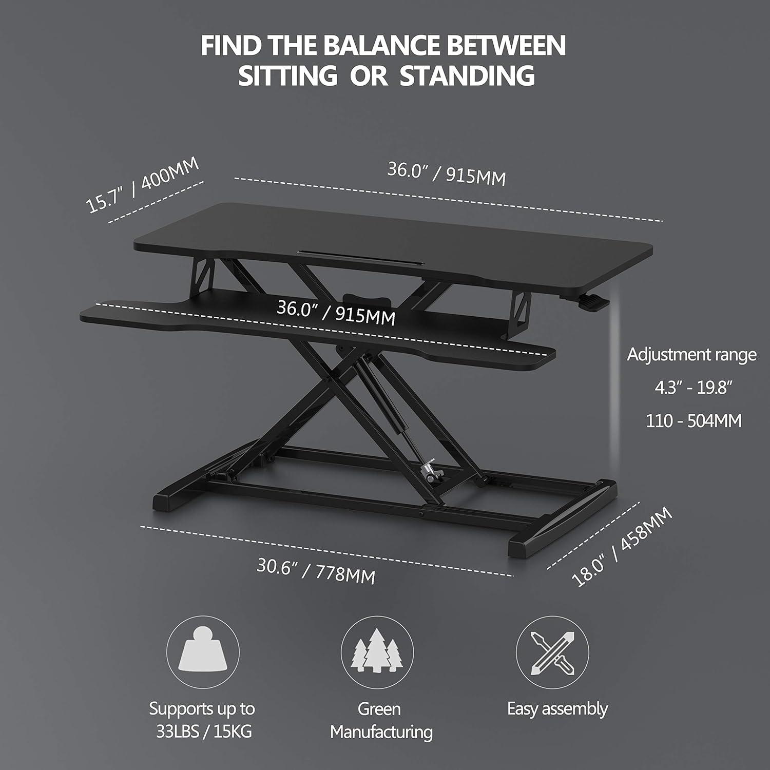 FITUEYES Height Adjustable Standing Desk 36” Wide Sit to Stand Converter Stand Up Desk Tabletop Workstation for Laptops Dual Monitor Riser Black SD309101WB