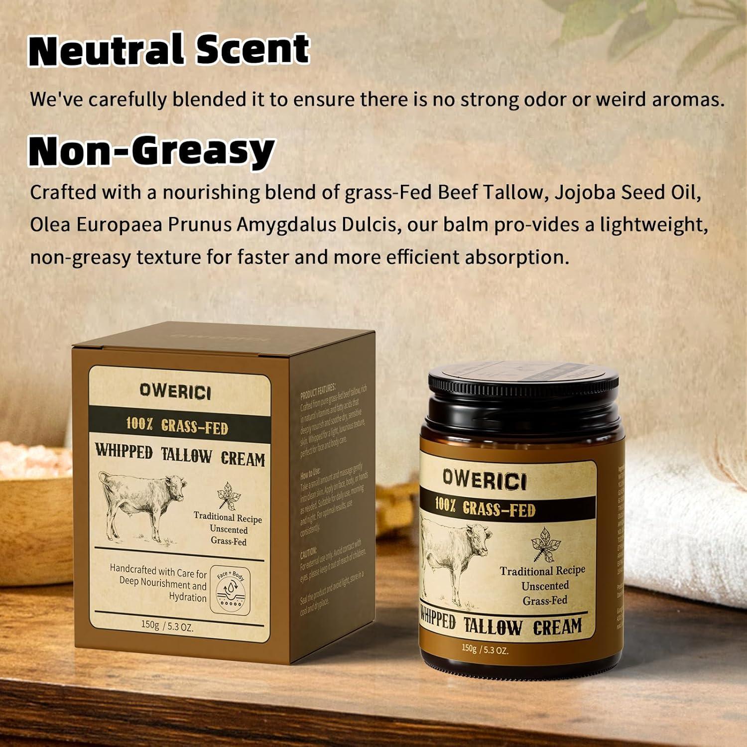 Beef Tallow for Skin, Tallow Face Moisturizer, 100% Grass Fed and Finished, Deeply Moisturizing for Face & Body, Whipped Cream Natural Care for Soft Supple (5.3 OZ., Extra Large)