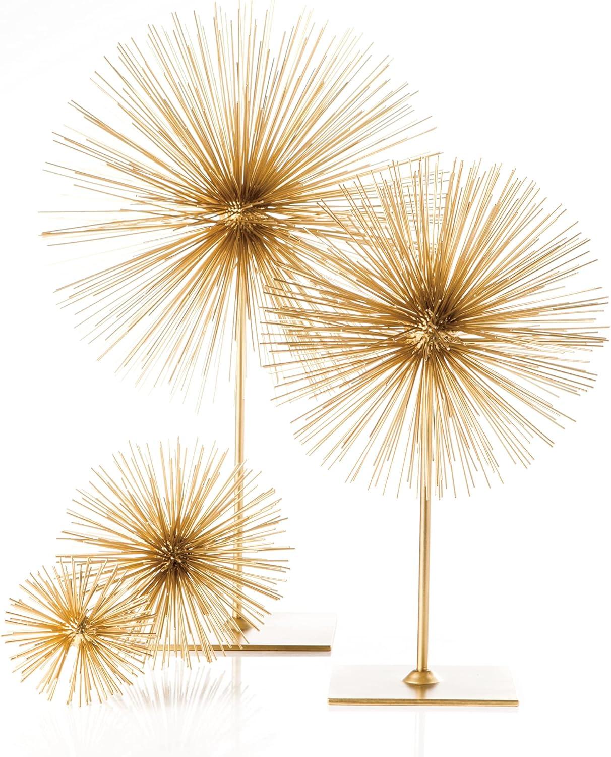 Gold Metal Starburst Sculpture on Stand, 18" Tall