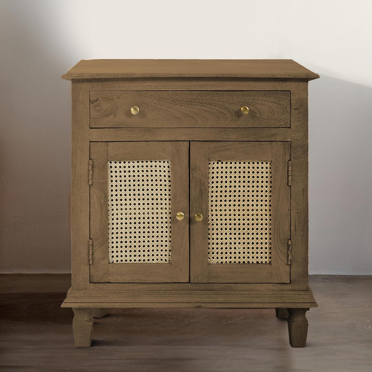 The Urban Port 30" Nightstand Table Rattan Cabinet Doors and Drawer Fronts Sandblasted Brown Mango Wood Brown