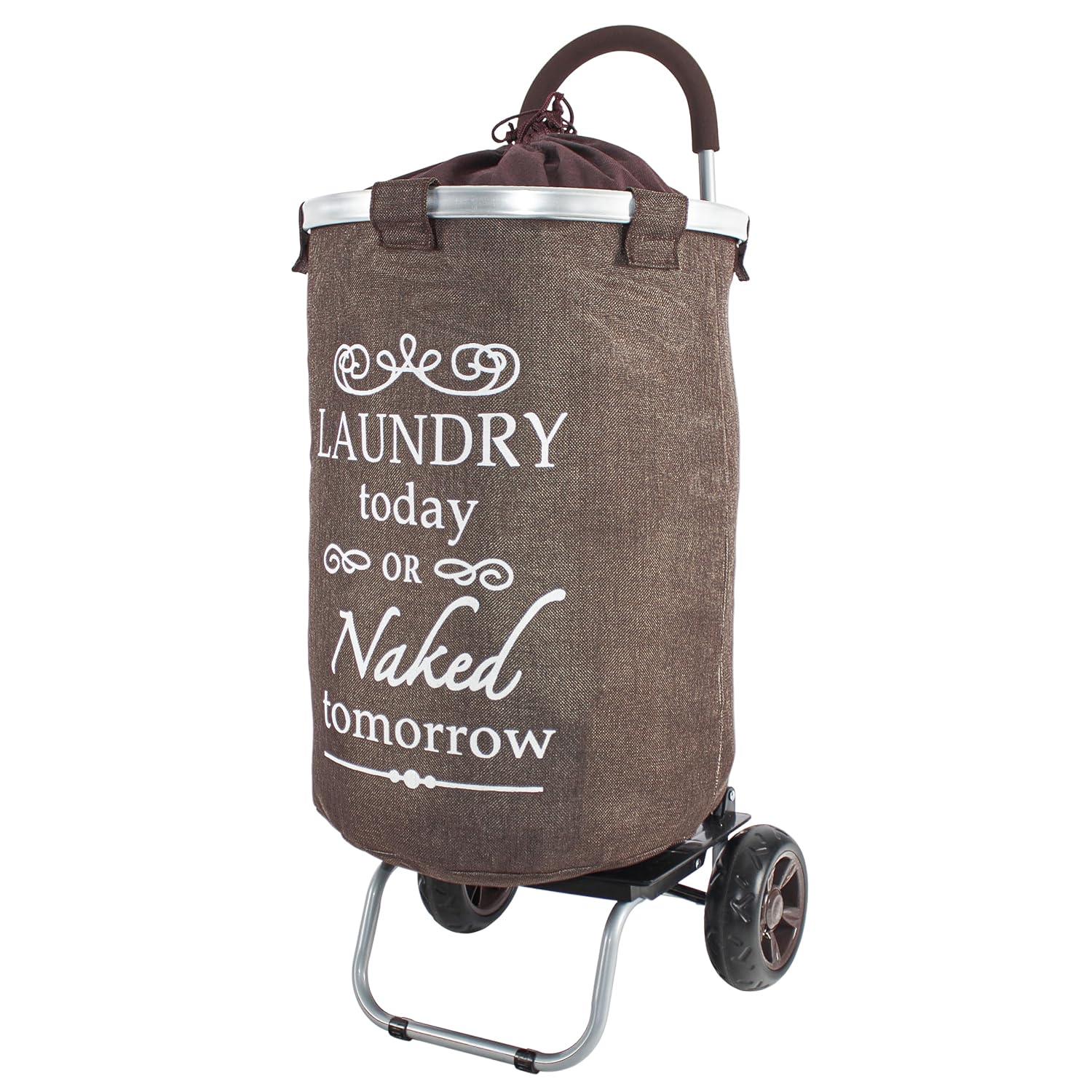 Brown Collapsible Round Laundry Hamper with Wheels and Faux Burlap