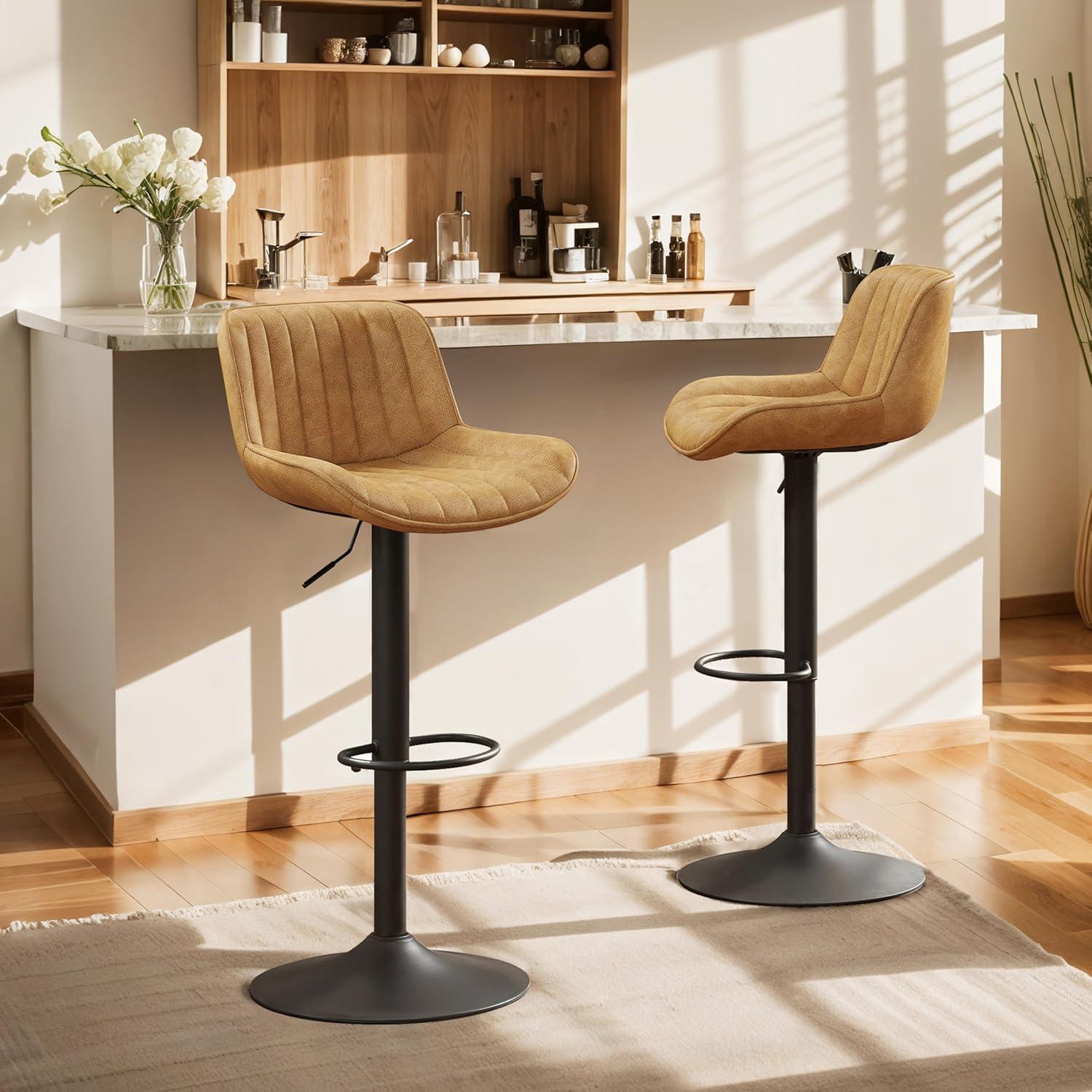 Art Leon Rustic Bar Stools Set of 2, Faux Leather with Backrest Chrome Legs, Upholstered Swivel Kitchen Stools, Black Brown