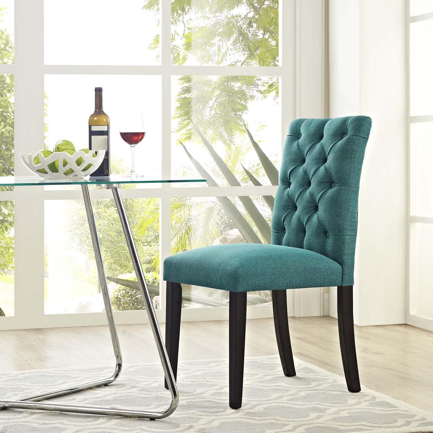 Elegant Teal Leather & Wood Parsons Side Chair with Tufted Back