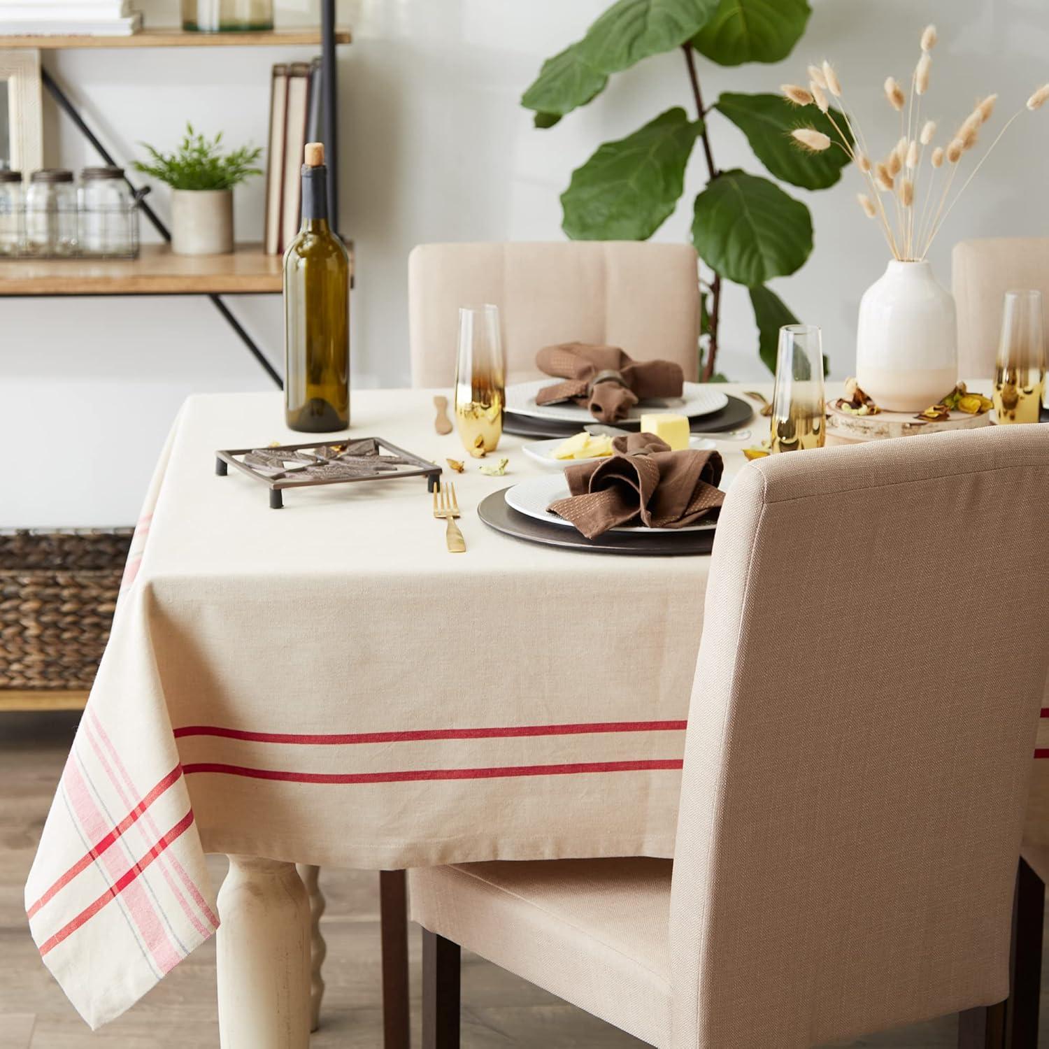 French Stripe Red and Taupe Cotton Tablecloth, 60 x 120 inches