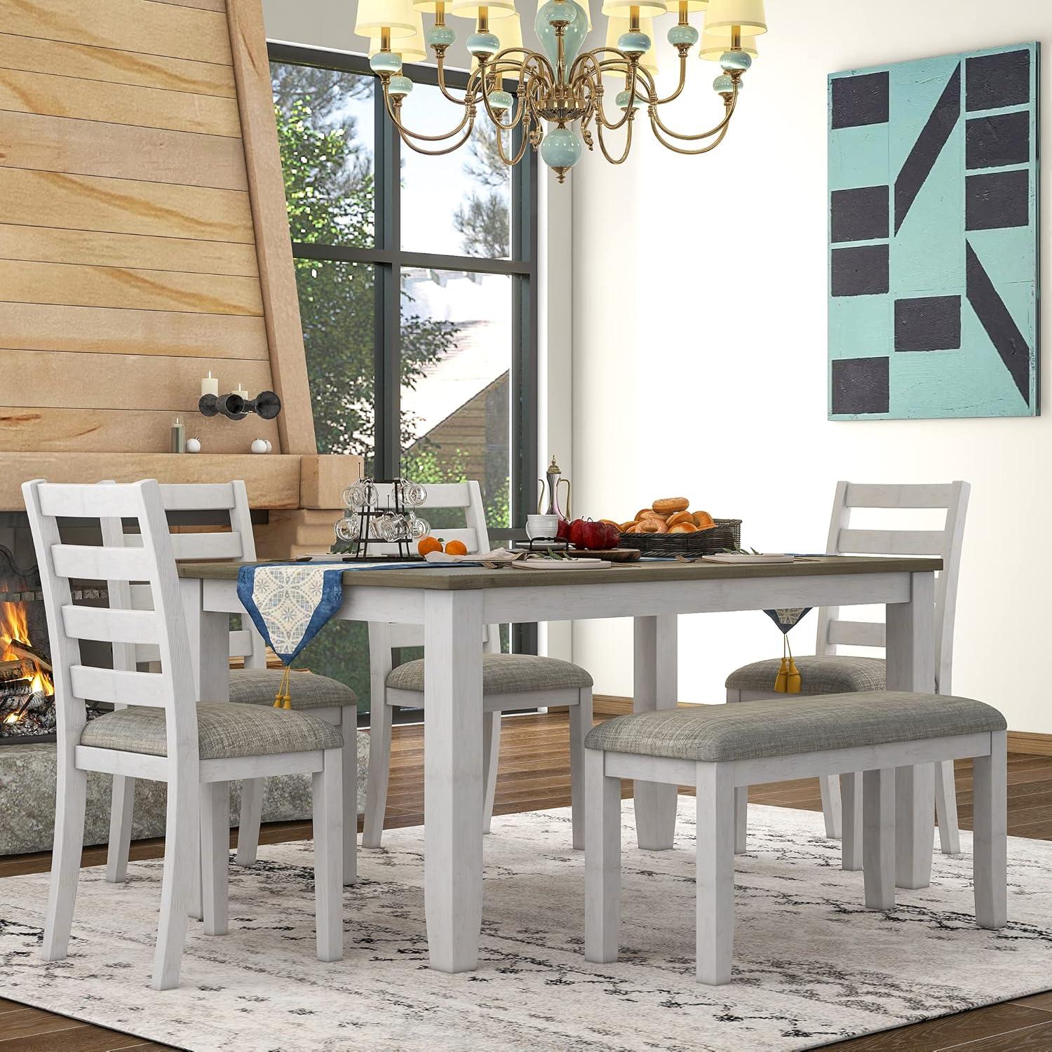 Harper & Bright Designs 6 Piece Farmhouse Dining Table Set with Bench, Wooden Dining Table with 4 Chairs & a Bench for Kitchen Room (Brown + Whitewash)