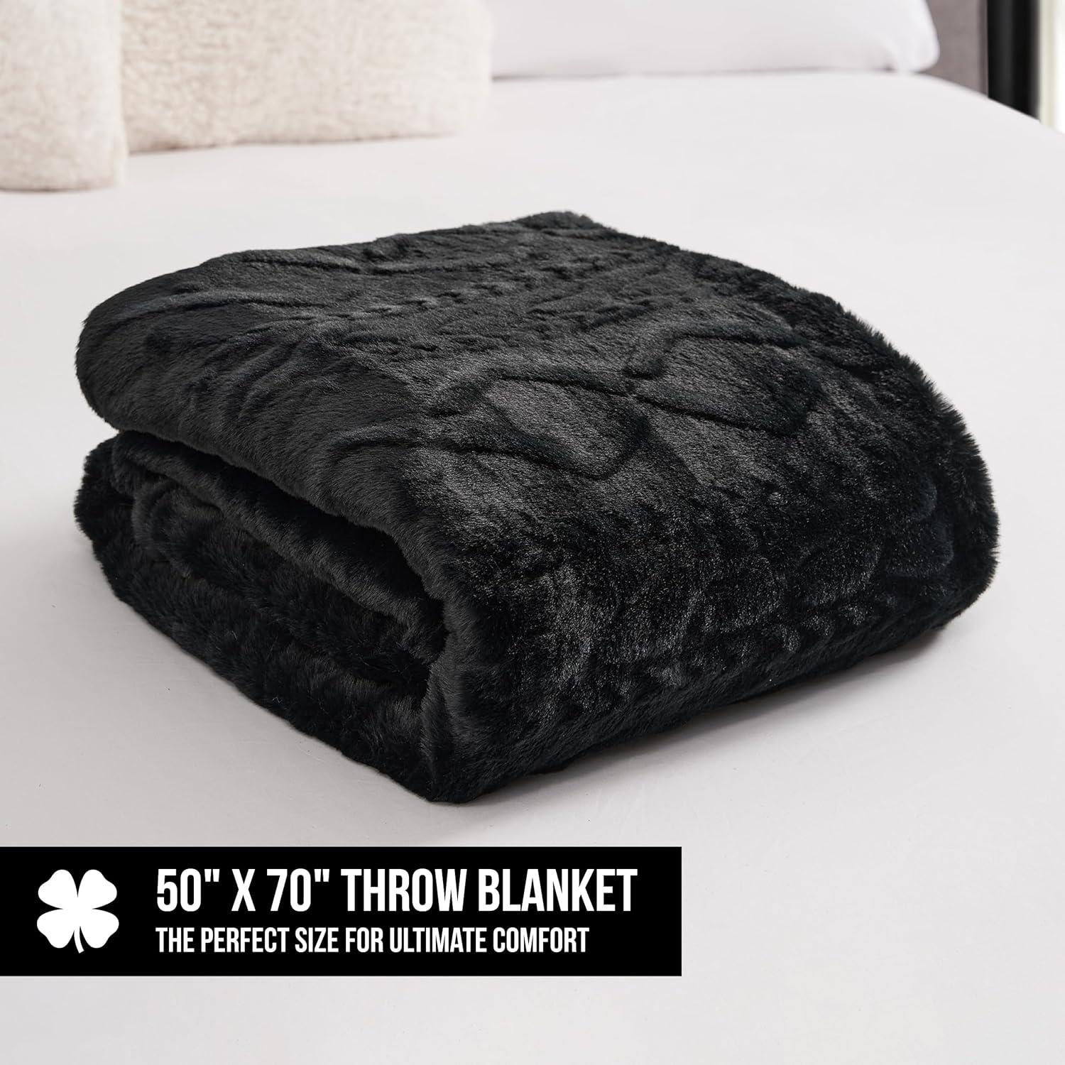 Black Embossed Cable Faux Fur Reversible Throw Blanket 50" x 70"