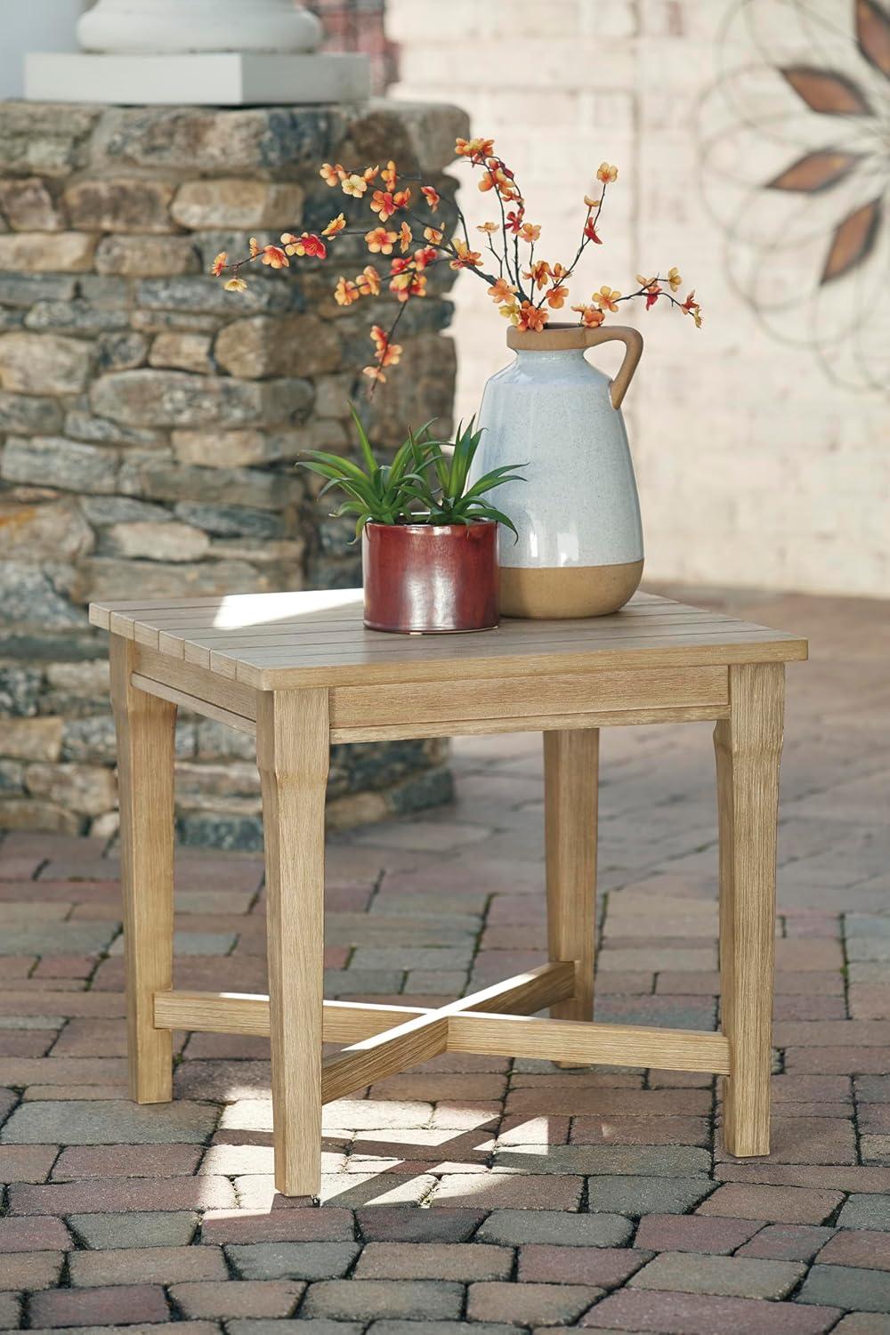 Signature Design by Ashley Carter Hall Outdoor End Table, Weather-Resistant Eucalyptus Wood, Square, Beige