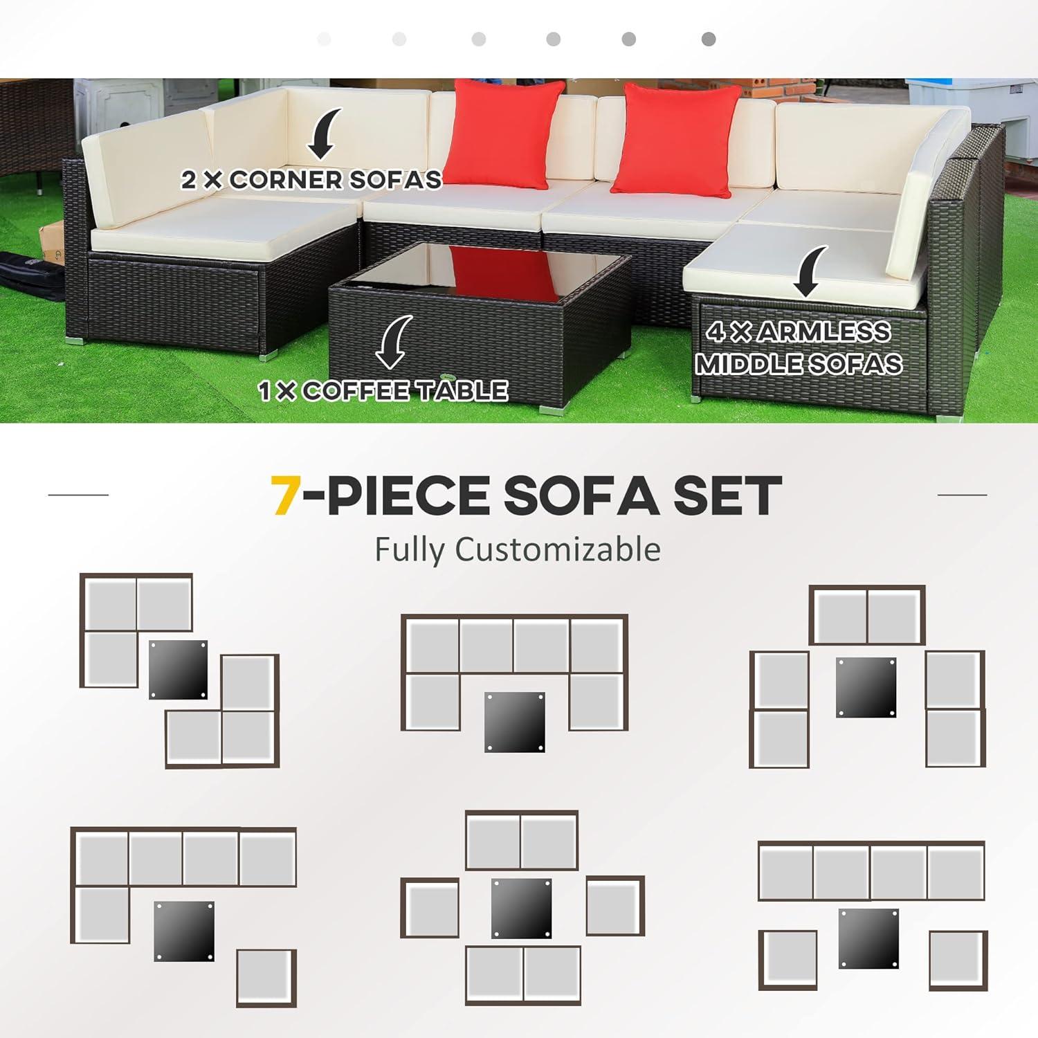 Outsunny 7 Piece Outdoor Patio Furniture Set, PE Rattan Wicker Sectional Sofa Set with Couch Cushions, Pillows, Coffee Table, Cream White