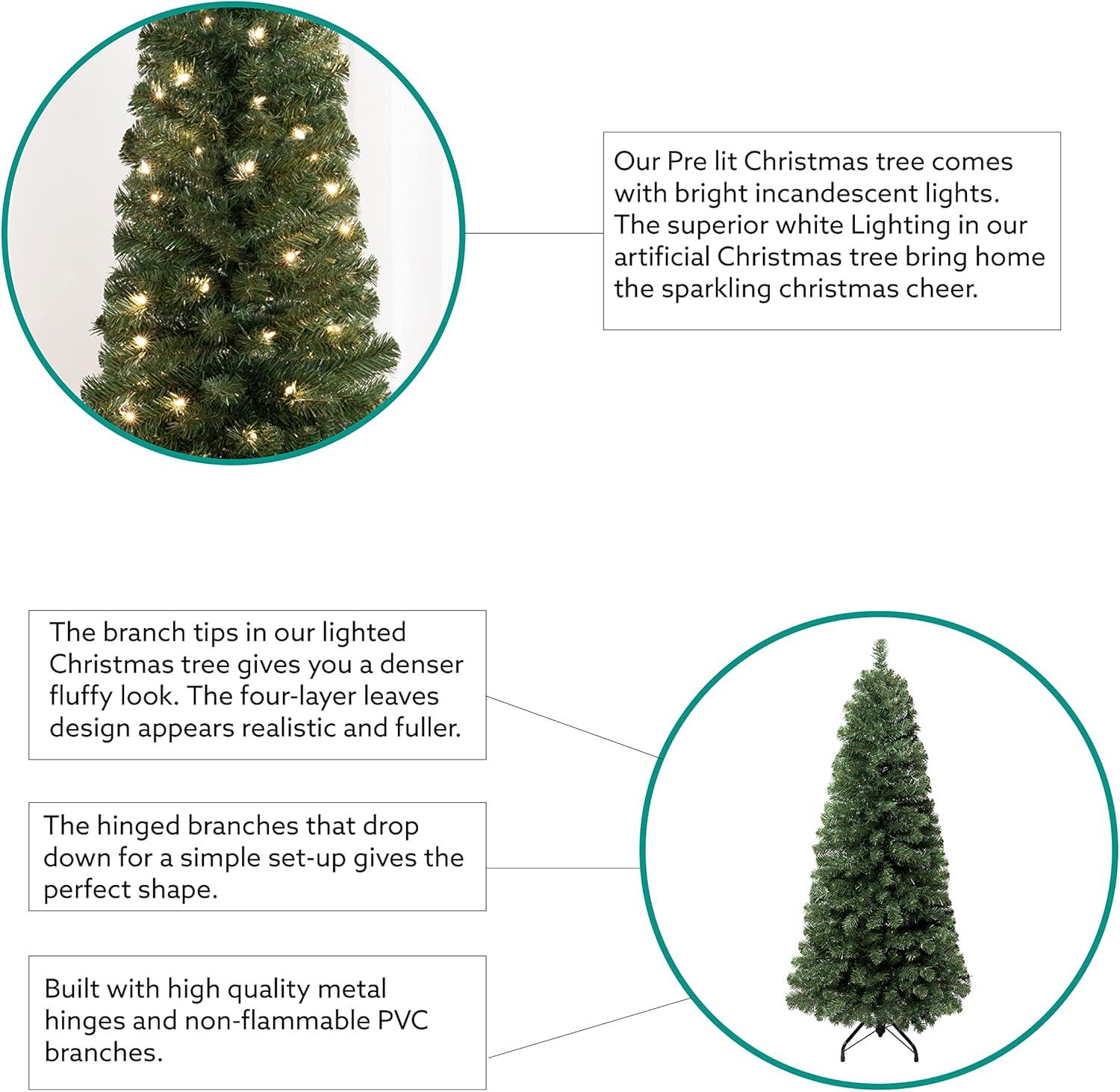 Vienna 7.5ft Prelit Slim Artificial Christmas Tree with 1102 Branch Tips, 350 Warm Lights and Metal Stand, 34" wide Realistic Skinny Pencil Christmas Tree with Lights by Naomi Home