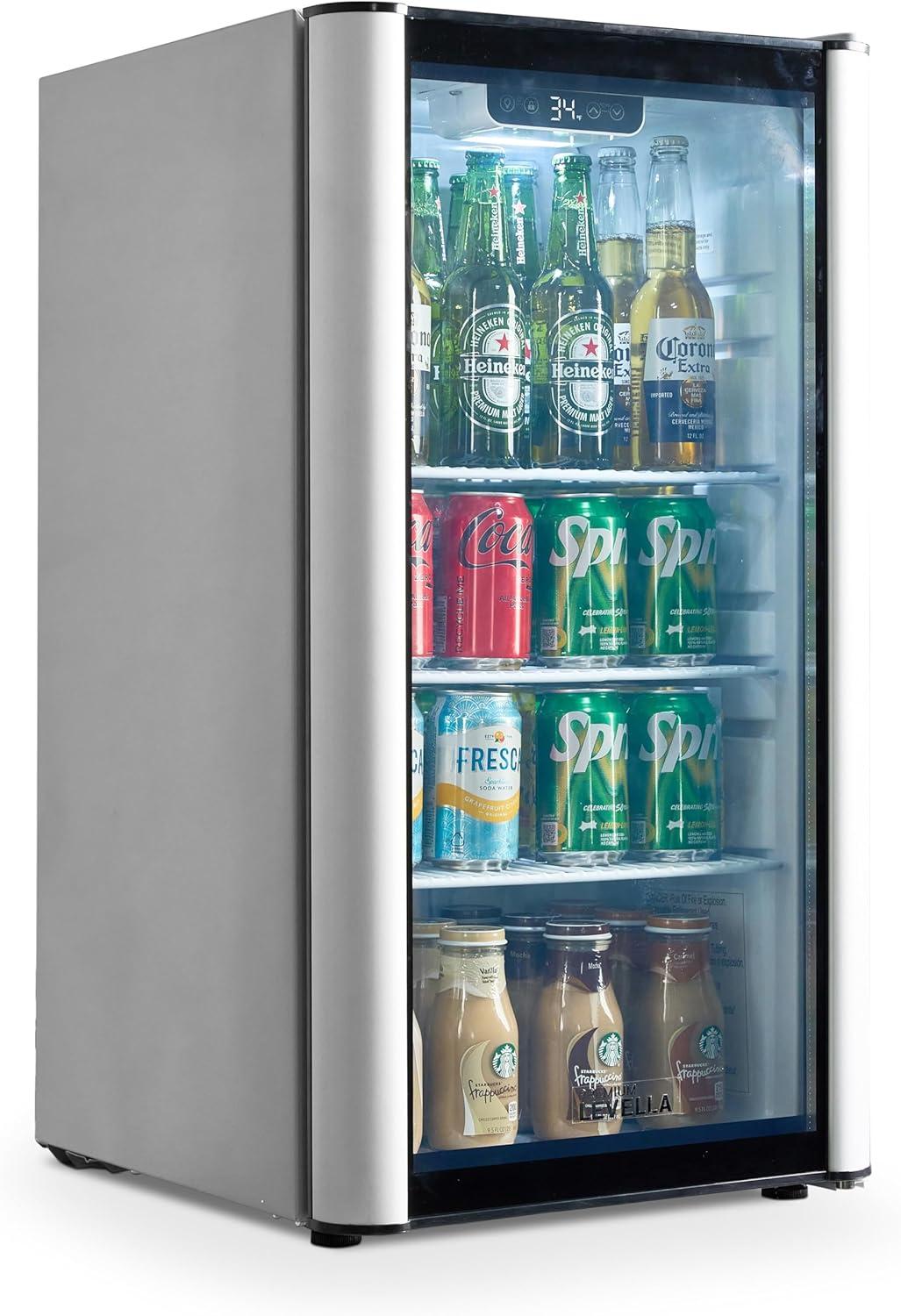 Premium Levella PRF36DX Glass Door Display Refrigerator 3.1 cu ft Commercial Beverage Cooler Merchandiser - Silver