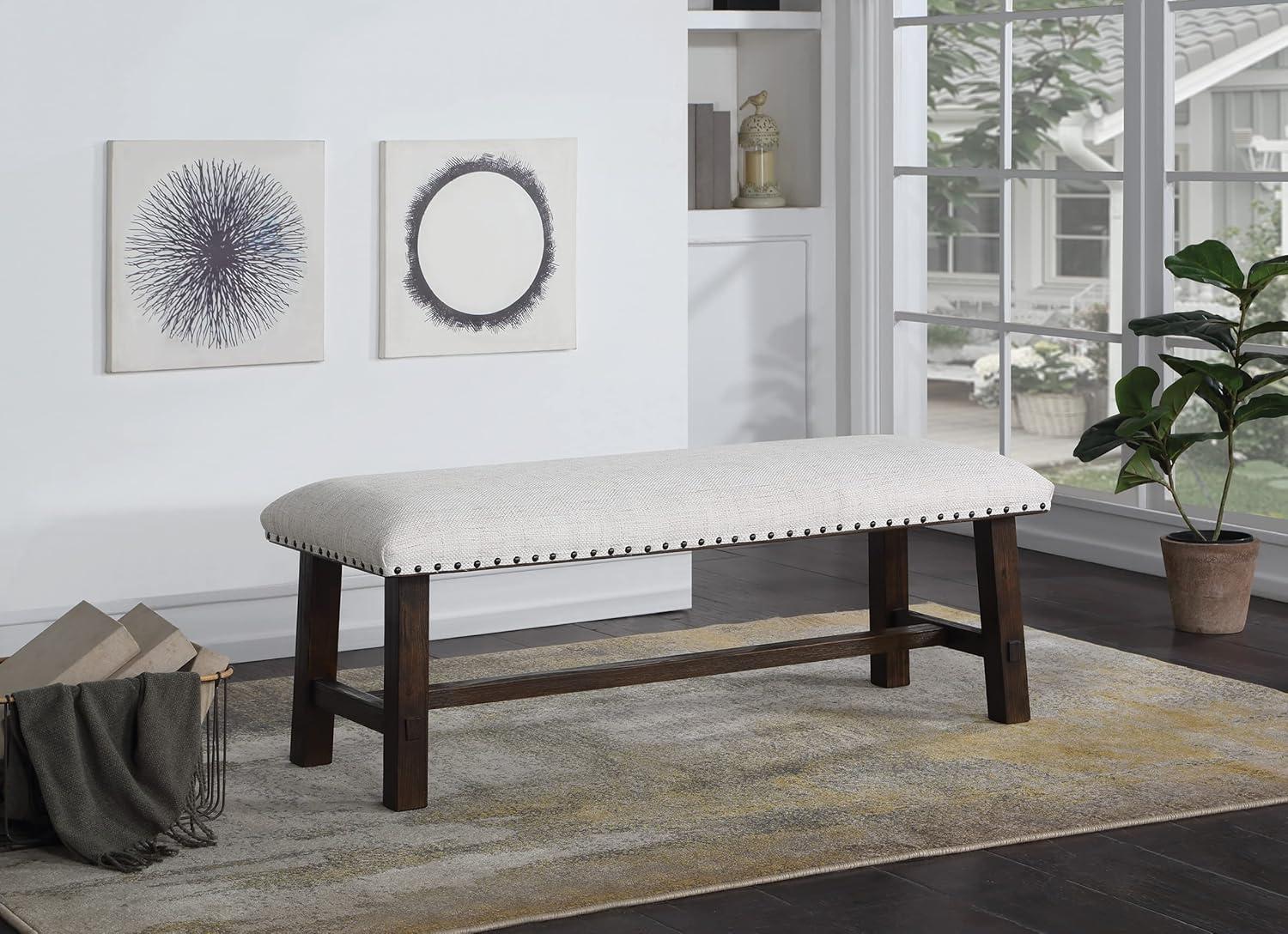 Callen Bench with Walnut Frame and Bronze Nailhead Trim in Linen White Fabric