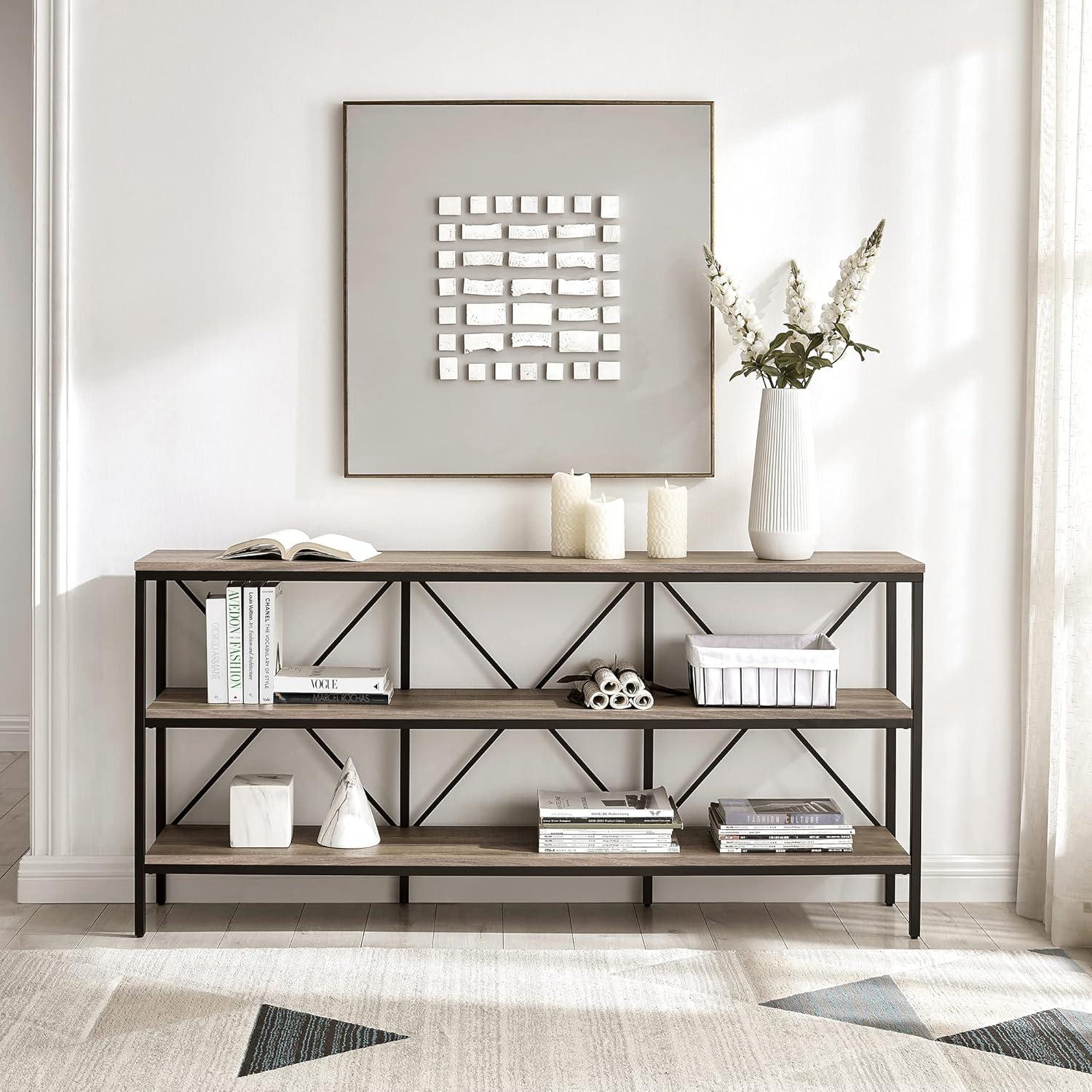 Evelyn&Zoe Kira 64" Wide Rectangular Console Table, Blackened Bronze/Antiqued Gray Oak