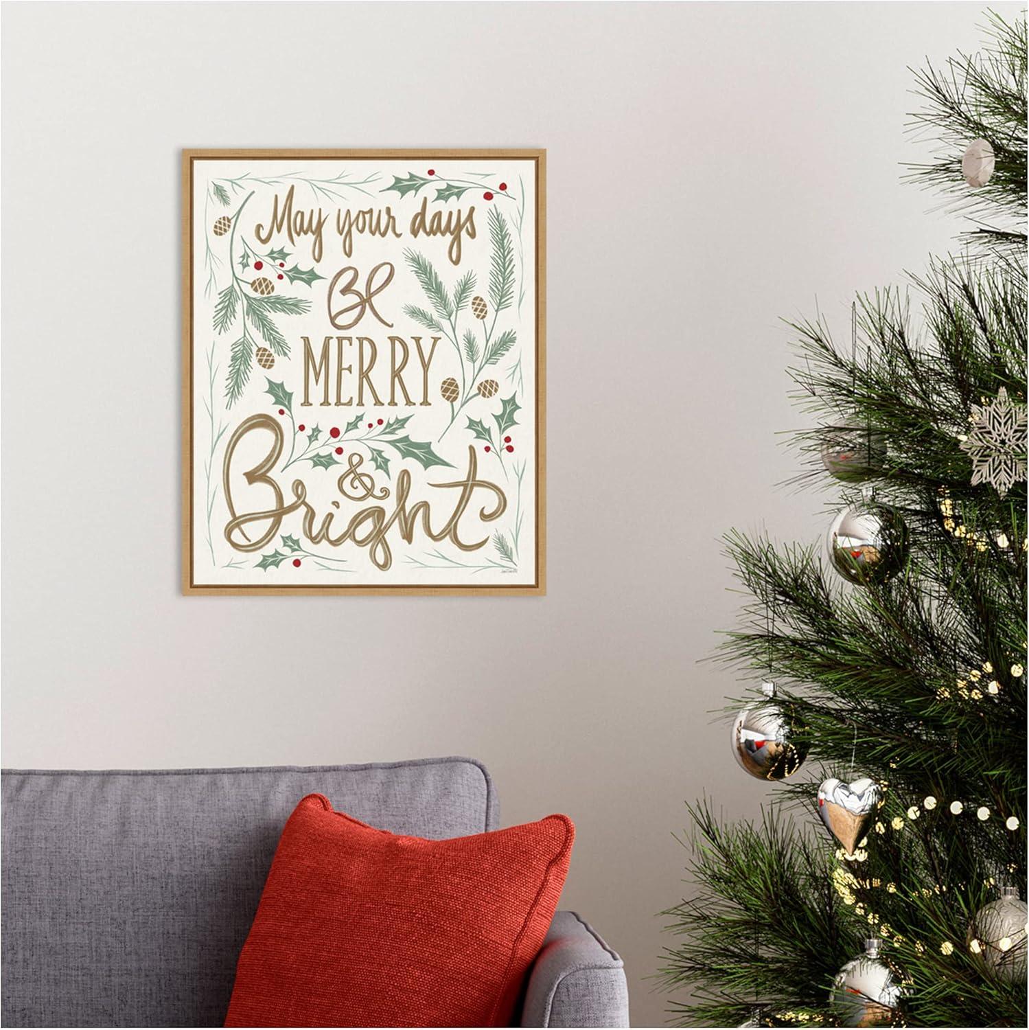 Merry and Bright Holly Christmas Canvas Framed Wall Art