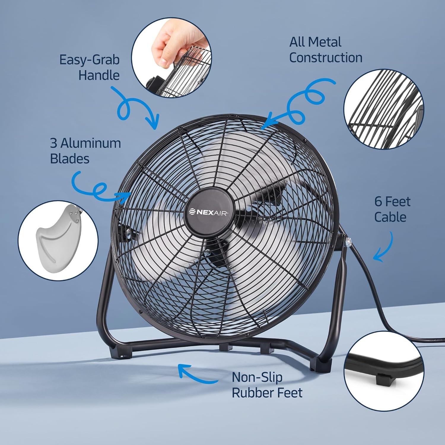 3-Speed 12 In High-Velocity Heavy Duty Metal Industrial Floor Fan, 1650 CFM Powerful cooling fan for office, Commercial, Residential, and Greenhouse Use, with 180° Adjustable Vertical Tilt