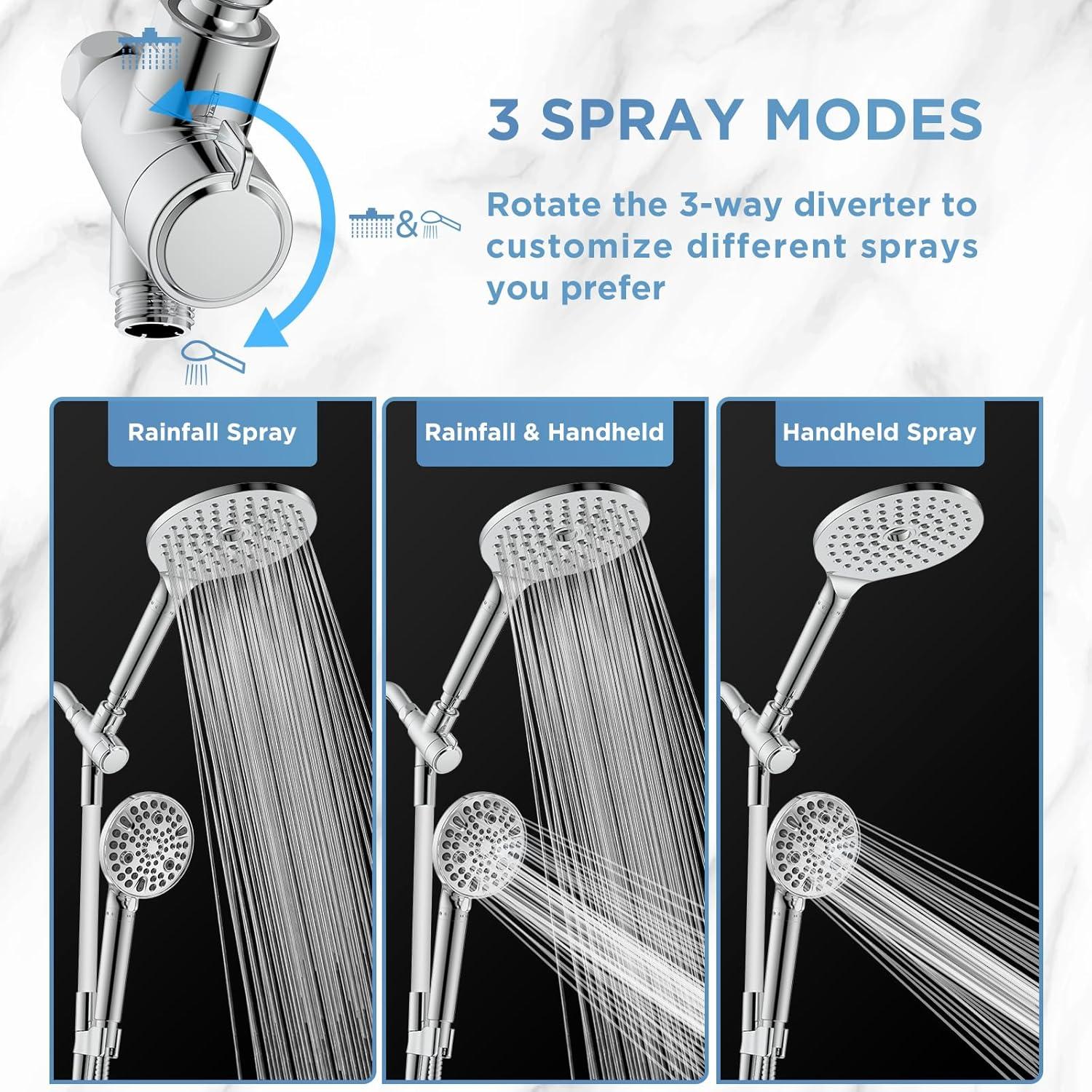 Dual Handheld Shower Head Combo, 2-in-1 Rain Shower Heads System 8 Inch Rainfall Shower Head and 10 Modes High Pressure Hand Held Showerhead with Built-in Power Wash