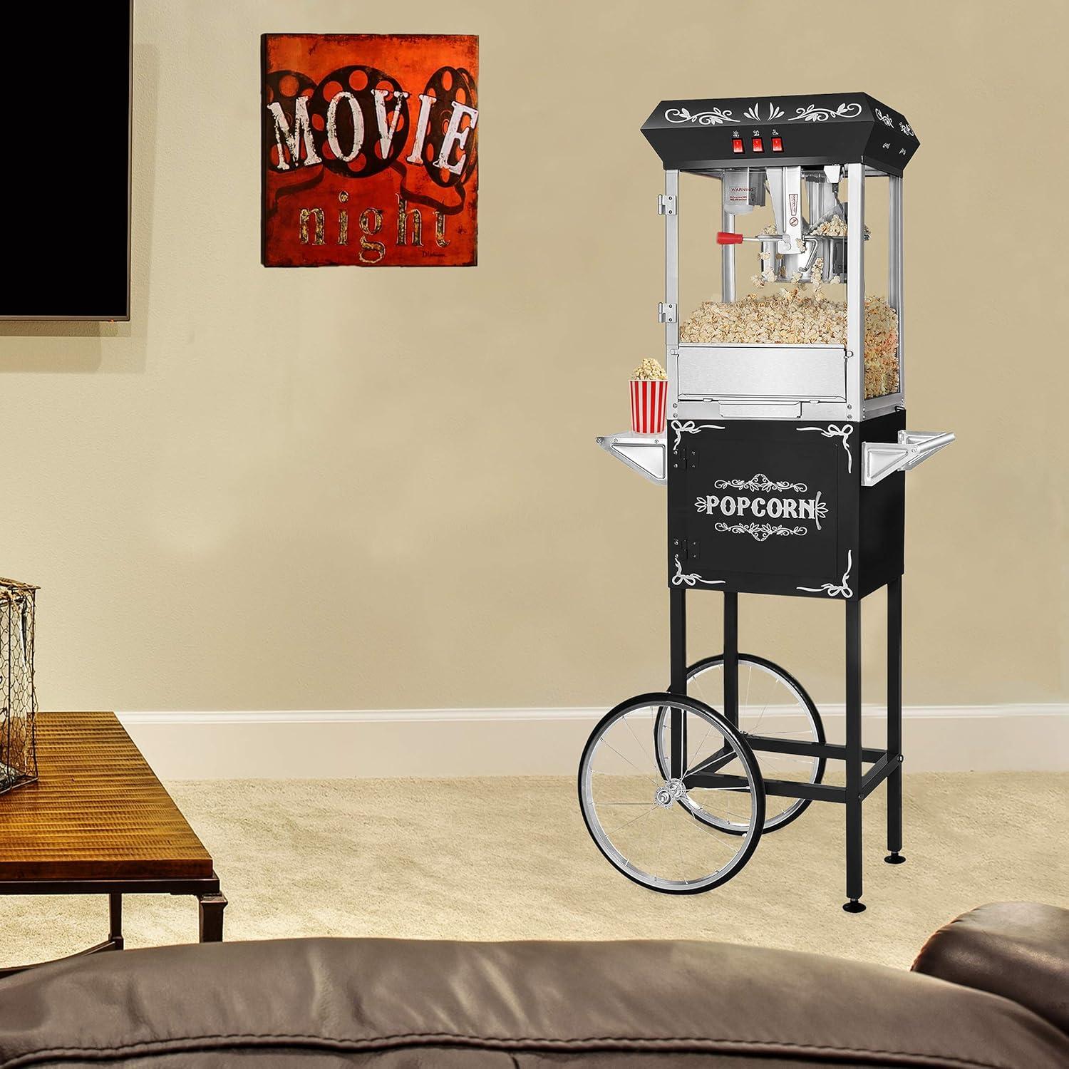 Vintage Black Popcorn Machine with Cart and Stainless Steel Kettle