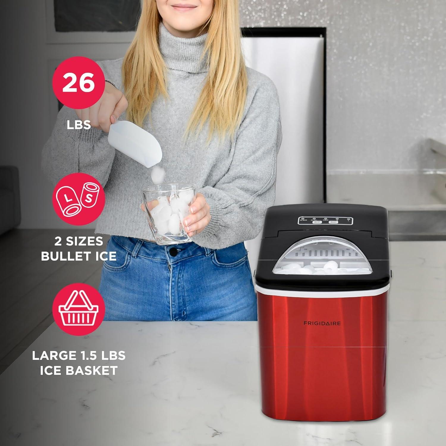 Frigidaire Ice Maker with 26 lbs. Capacity Countertop Stainless Steel Ice Maker with Transparent Window