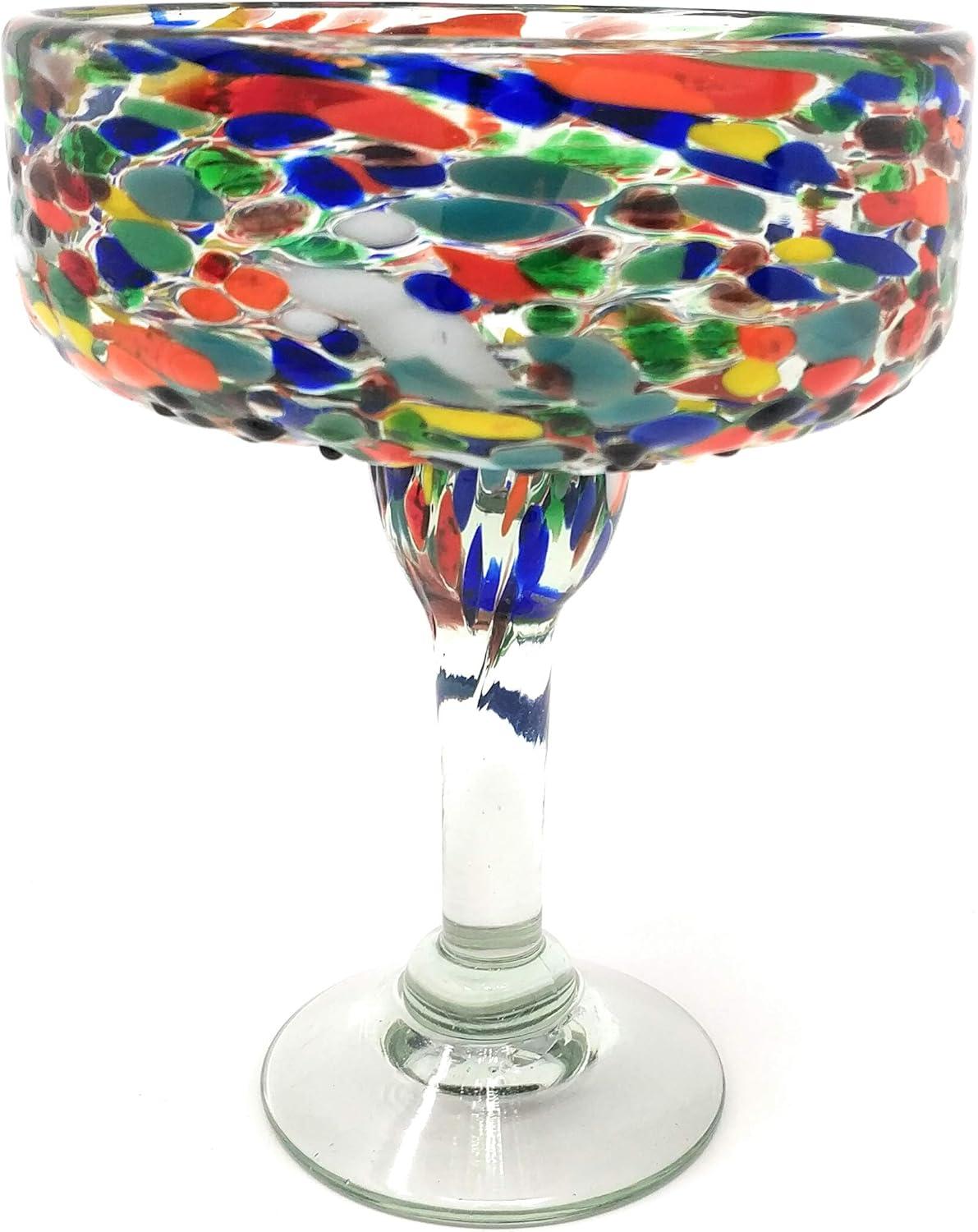 Mexican Hand Blown Glass – Set of 4 Hand Blown Margarita Glasses Confetti Rock (16 oz)