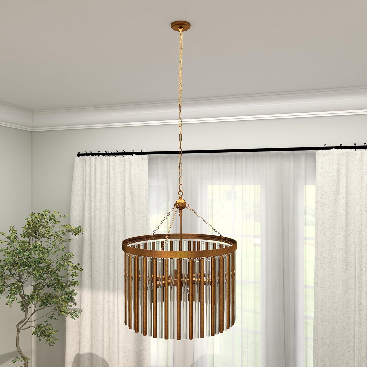 DecMode 22" x 25" Brass Metal Crystal Embellished 6 Light Chandelier with Link Style Chain, 1-Piece