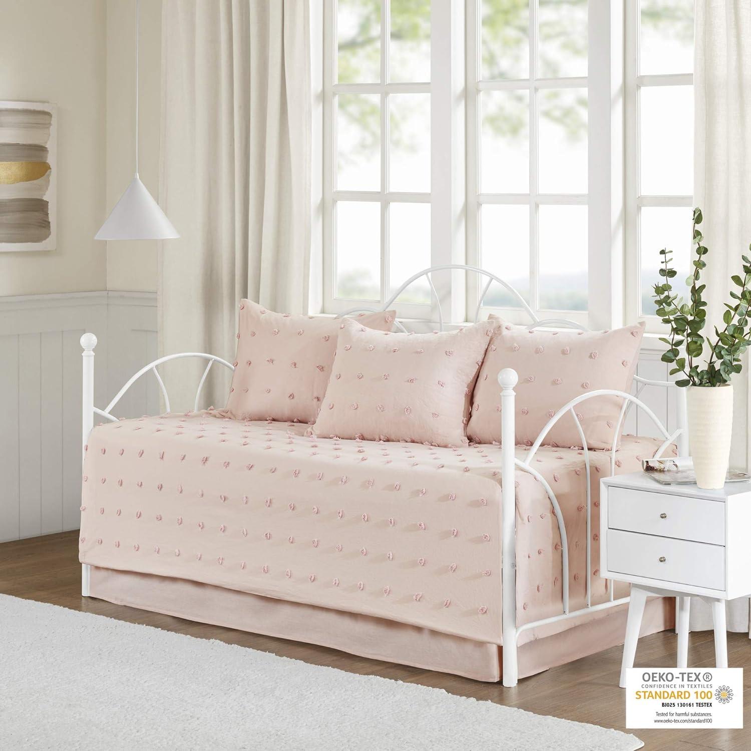 Chic Pink Cotton Daybed Coverlet Set with Chenille Dots