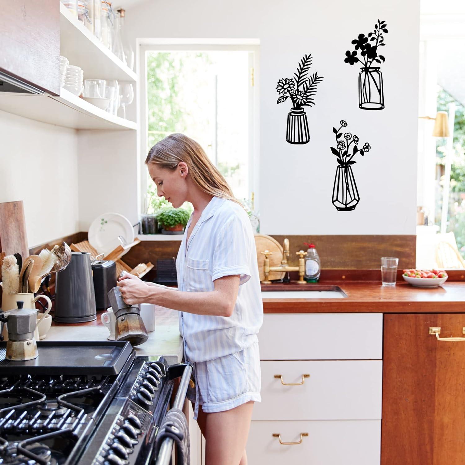 3 Pieces Black Metal Flowers Wall Decor Vase Art Sculptures Hanging for Indoor Kitchen Bathroom Dining Room Patio, 14.56x7.48 Inches