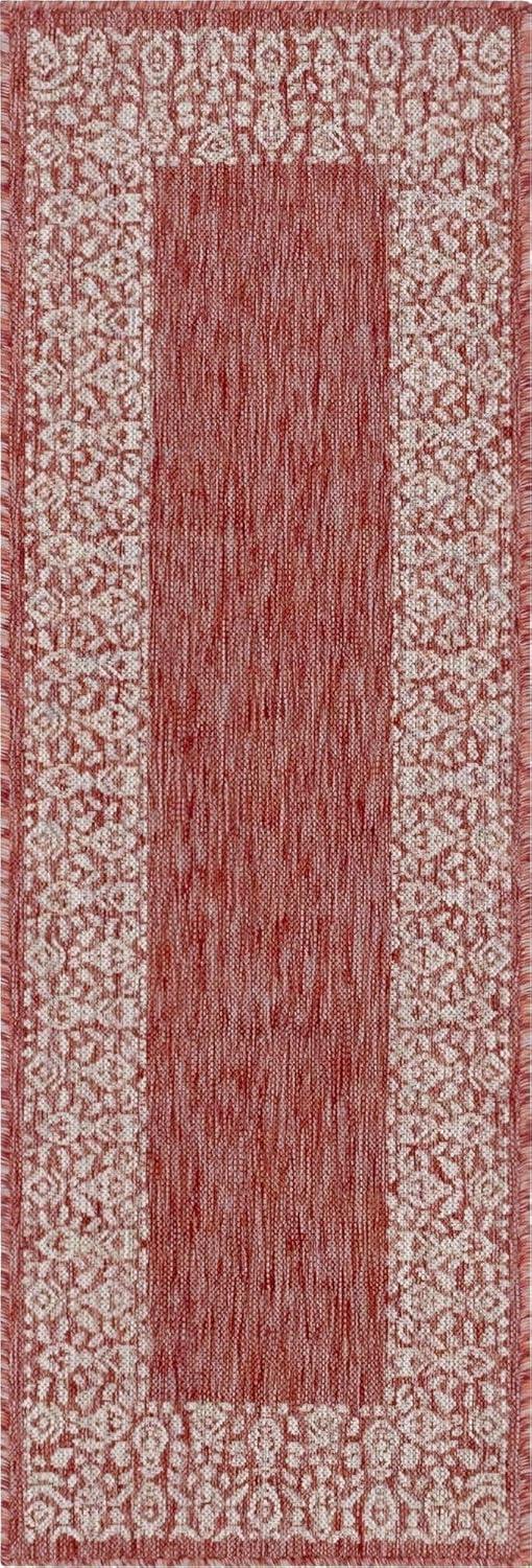 Rust Red Floral Easy-Care Outdoor Synthetic Runner Rug