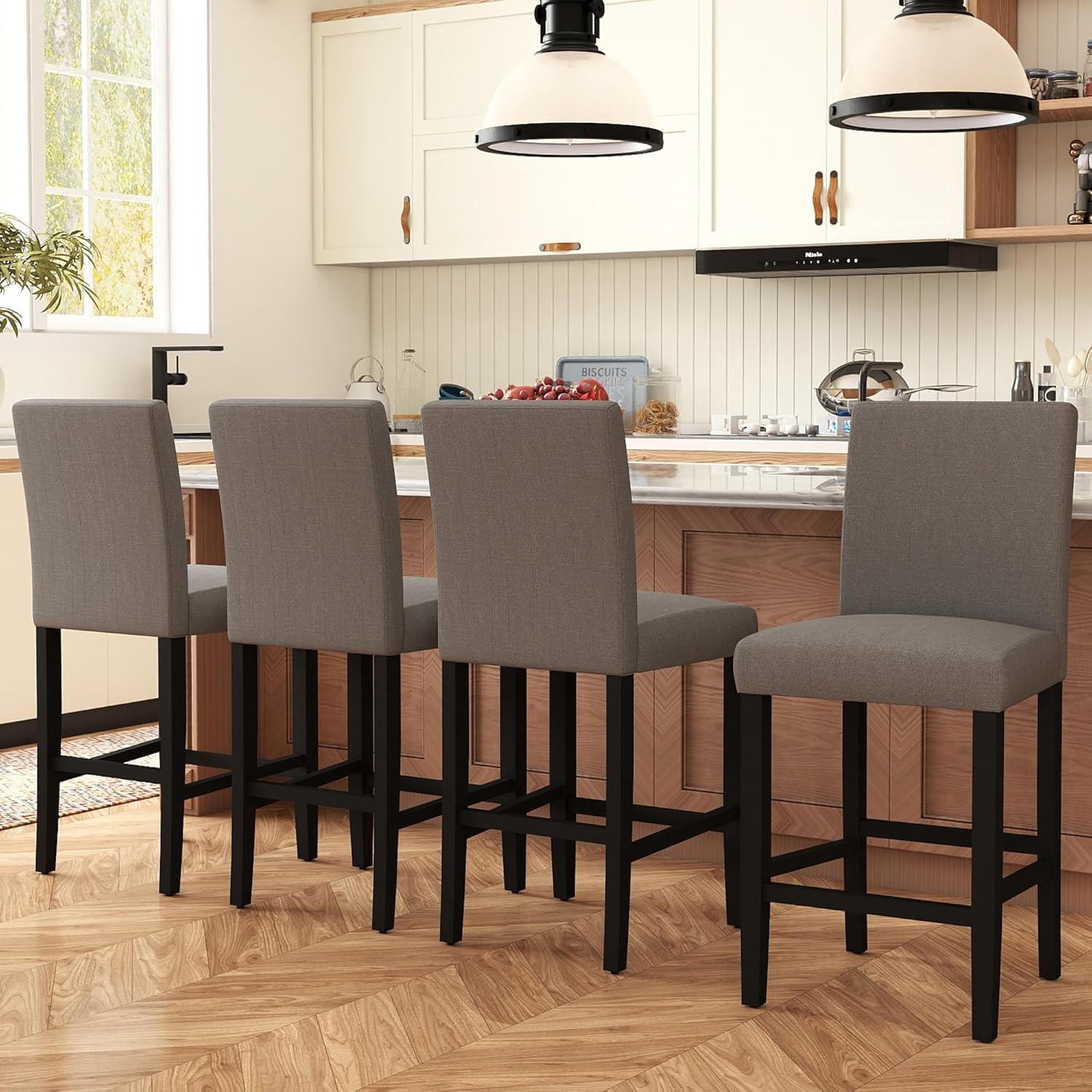 GOTMINSI Counter Height Bar Stool, Classic Upholstered 24 Inches Counter Height Stools Set of 4 barstools with Solid Wood Legs and Grey Fabric