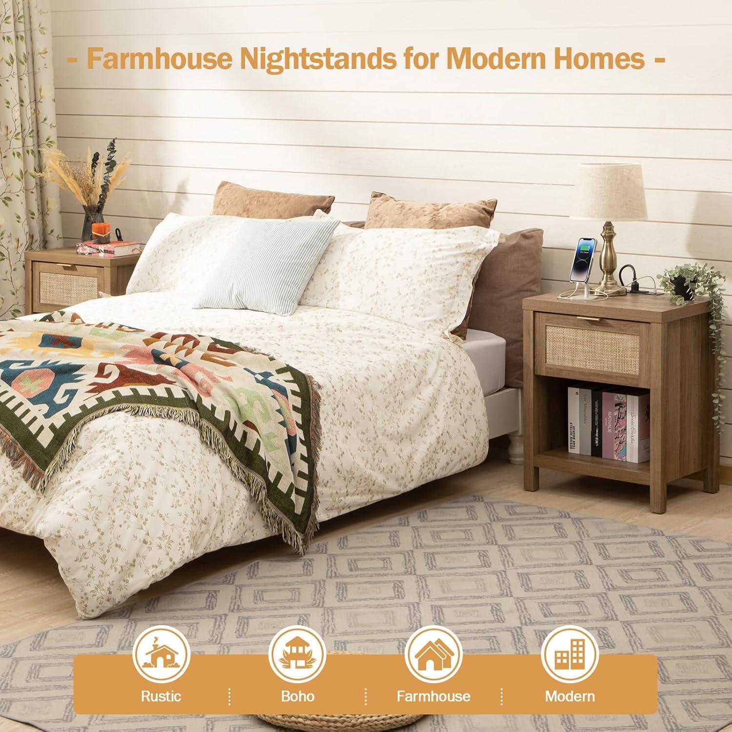 SICOTAS Rattan Nightstands Set of 2 - Farmhouse Night Stand with Drawer and Storage Shelf - Boho Bedside Table End Side Table for Bedroom, Oak