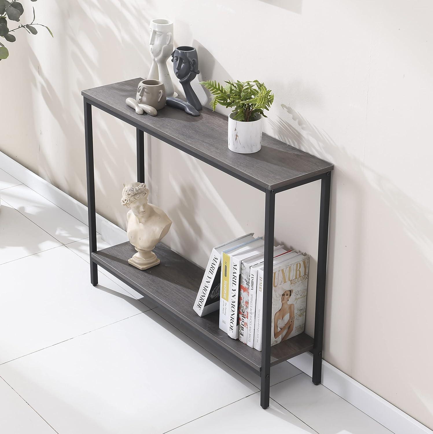 Dark Gray Industrial Wood and Metal Console Table