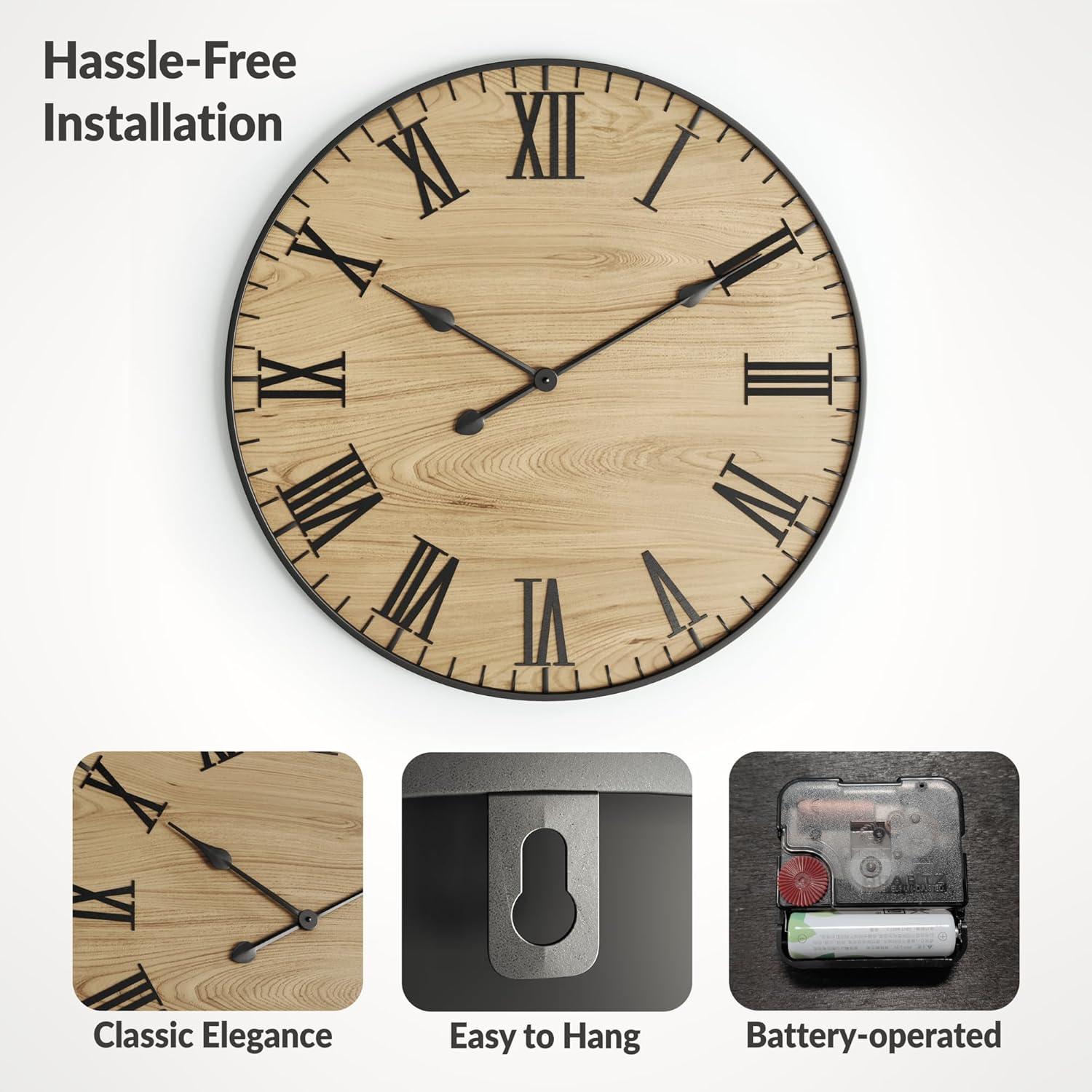 Large 24-Inch Natural Wood Wall Clock with Black Roman Numerals