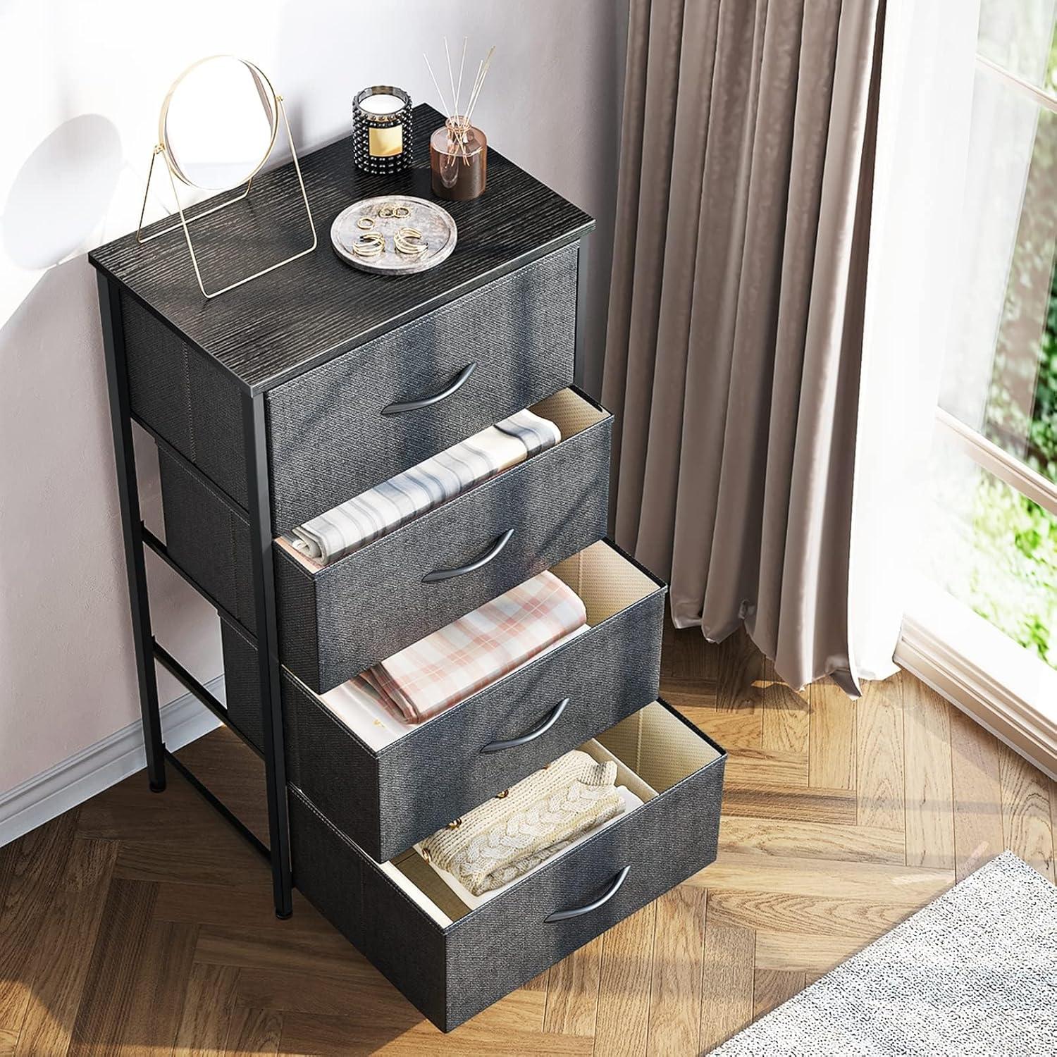 Dresser for Bedroom with 4 Storage Drawers, Small Dresser Chest of Drawers Fabric Dresser with Sturdy Steel Frame, Dresser for Closet with Wood Top, Dark Grey