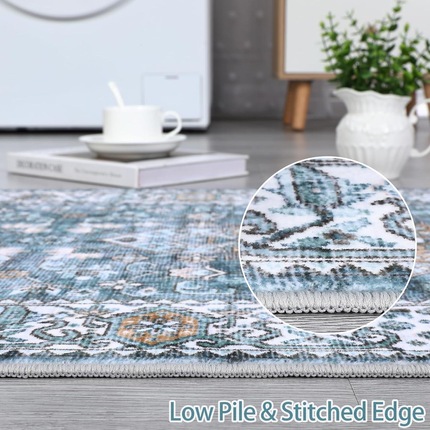Garvee 9x12 Area Rug Large Vintage Distressed Rug Medallion Floral Print Rug Machine Washable Area Rugs for Living Room Bedroom Non-Slip Low Pile Accent Rug, Blue