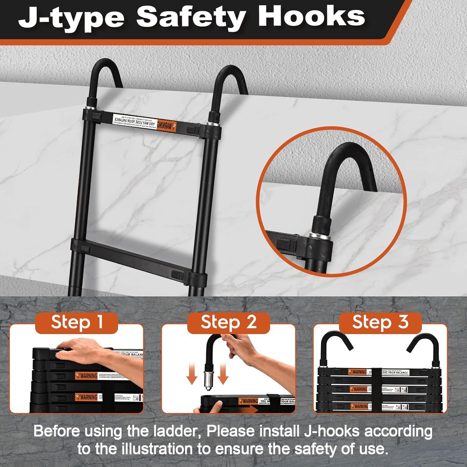 Heavy Duty Black Aluminum Telescopic Extension Ladder with Stabilizers