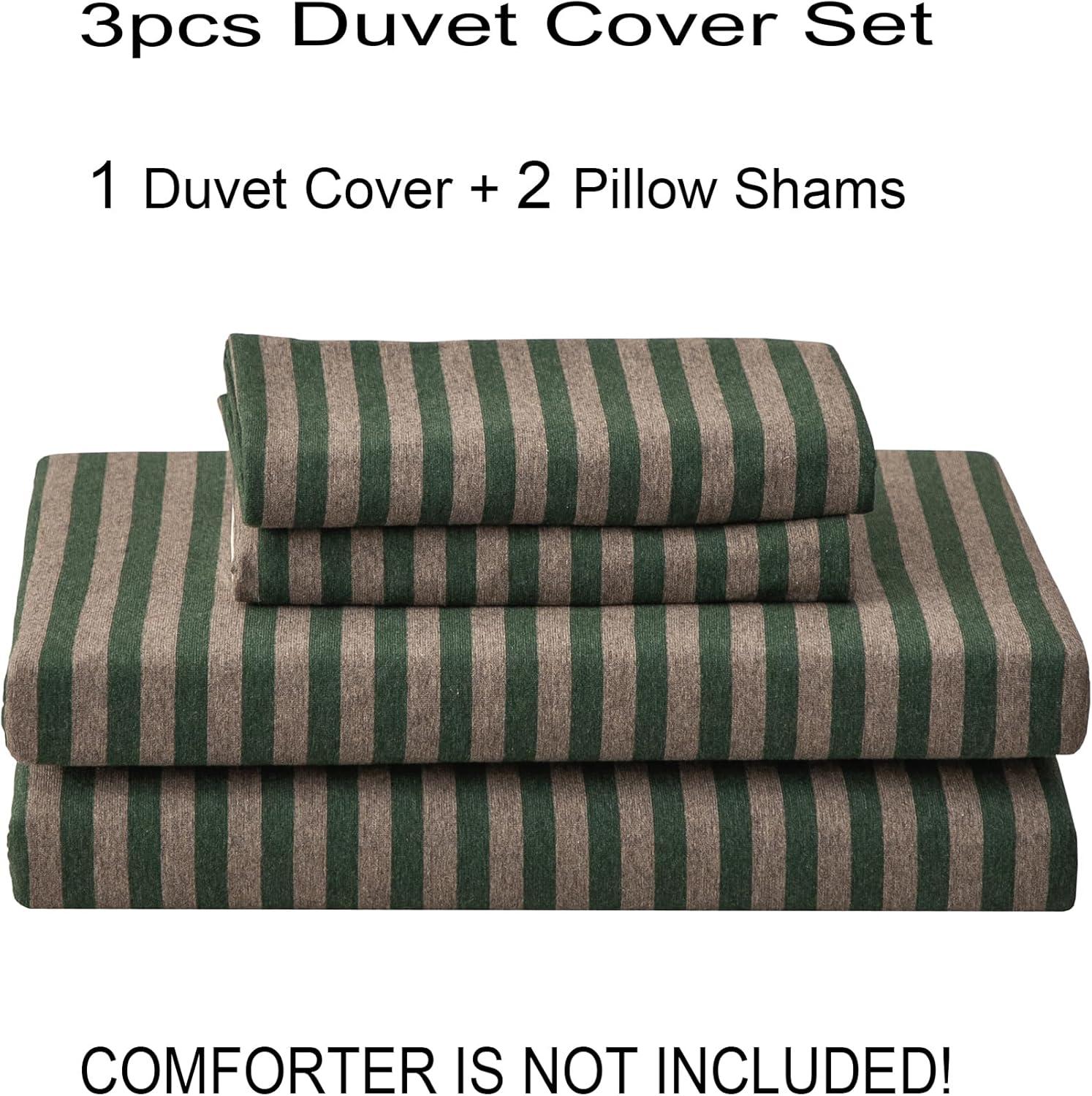 PURE ERA Forest Green Stripe Reversible 100% Jersey Cotton Duvet Cover bedding Set Soft Washable( Queen Size)