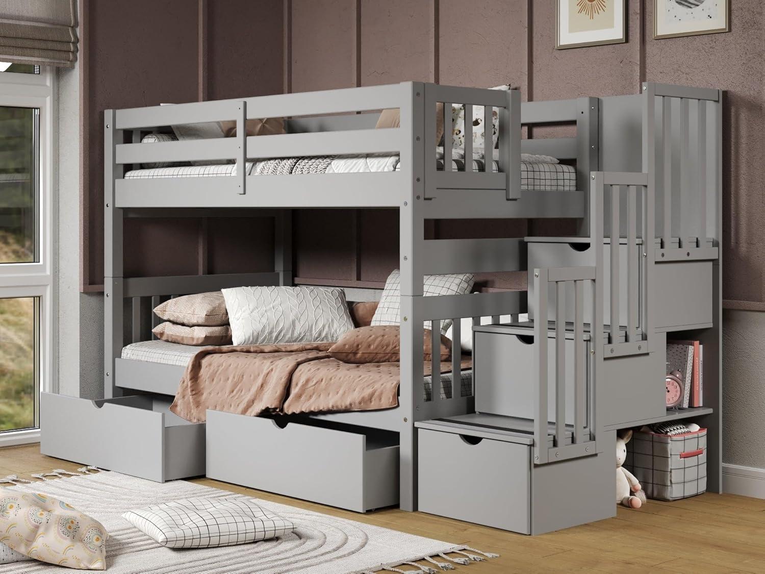 Bedz King Stairway Bunk Beds Twin over Twin with 3 Drawers in the Steps and 2 Under Bed Drawers, Dark Cherry