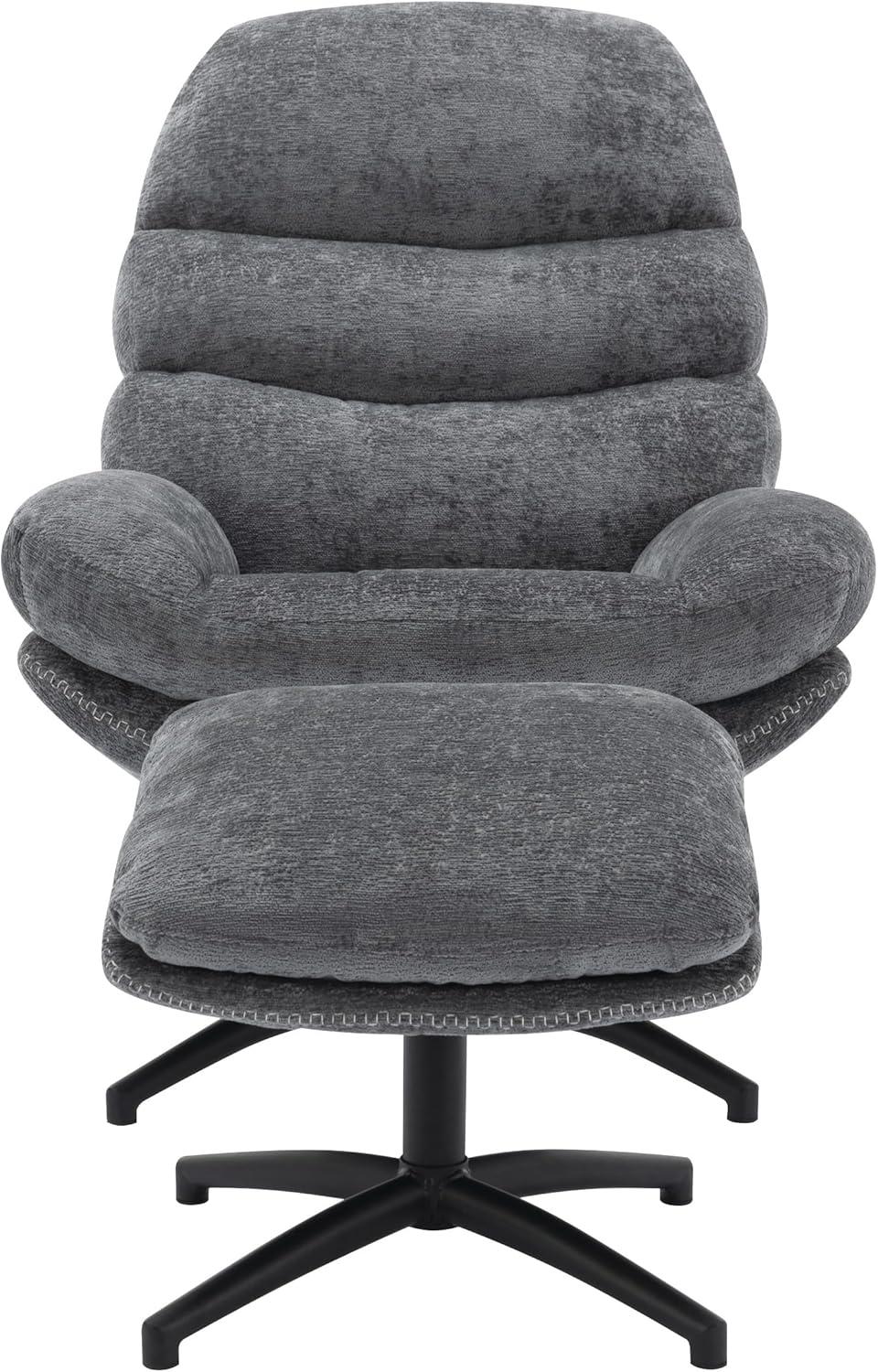 Kerry Swivel Lounge Chair & Footrest in Gray Fabric and Black Base