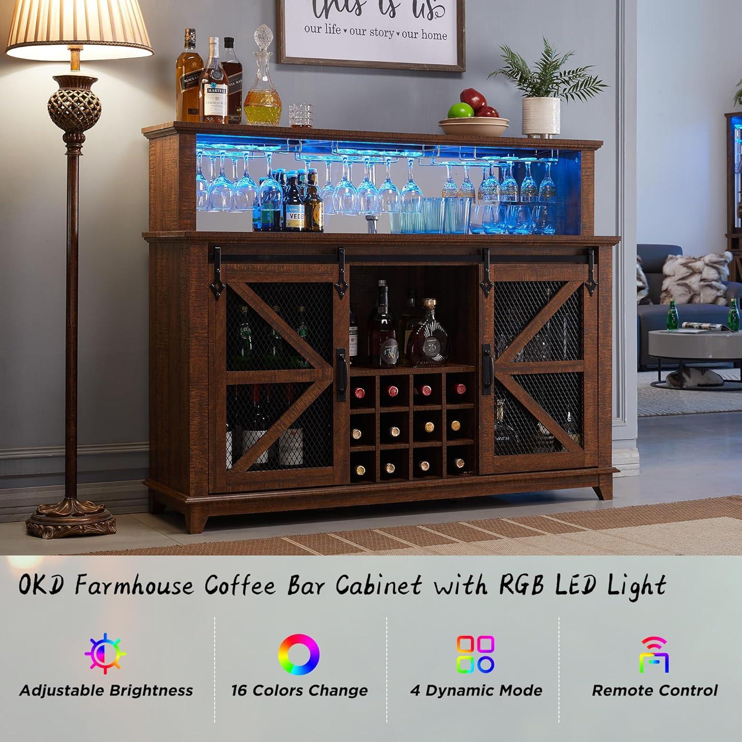 OKD 55" Coffee Bar Cabinet with LED Lights & Sliding Barn Door & Wine and Glass Rack, Wine Bar Cabinet w/Storage Shelves for Dining