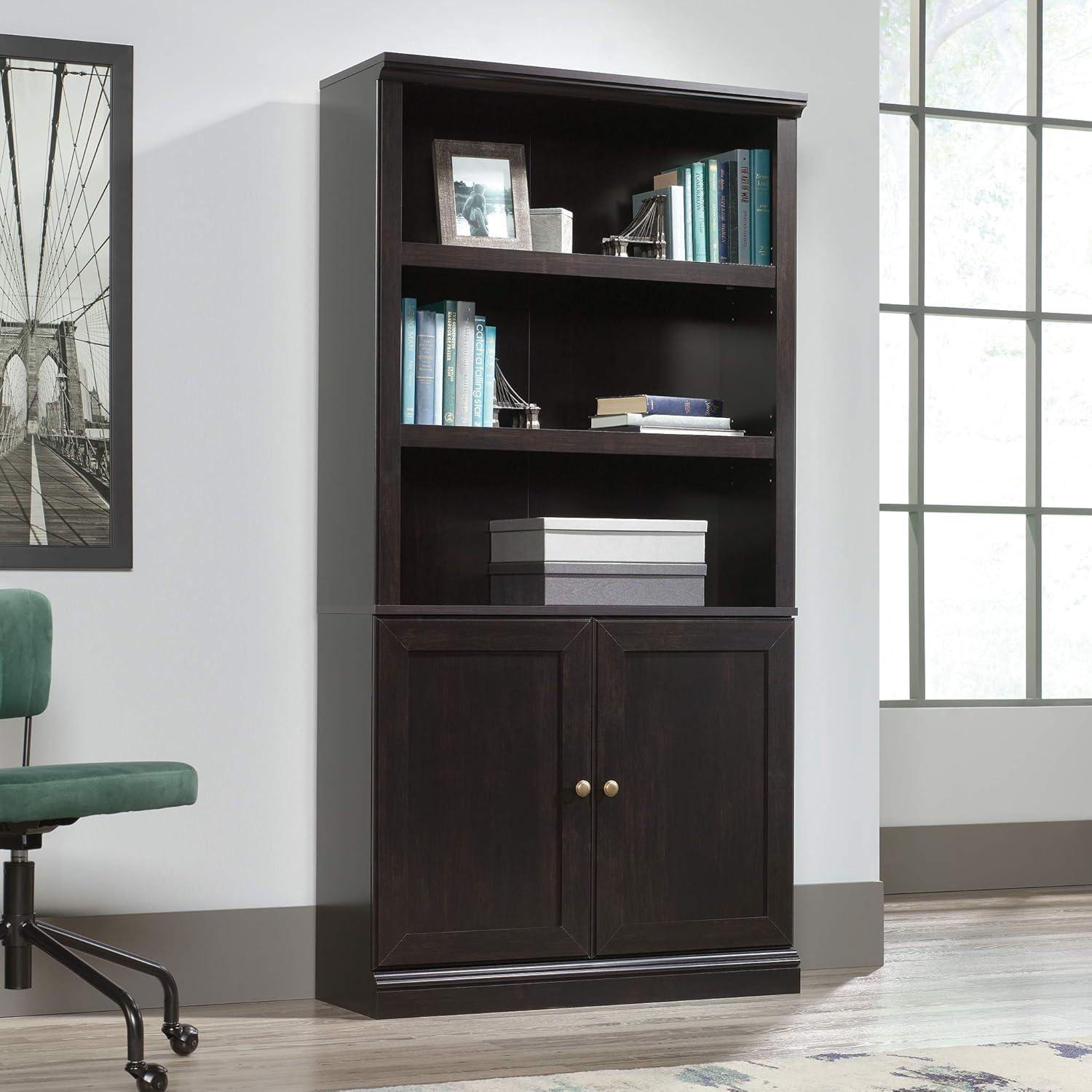 Sauder 70" 5 Shelf Bookcase with Doors Black: Mid-Century Modern, MDF Frame, Vertical Storage