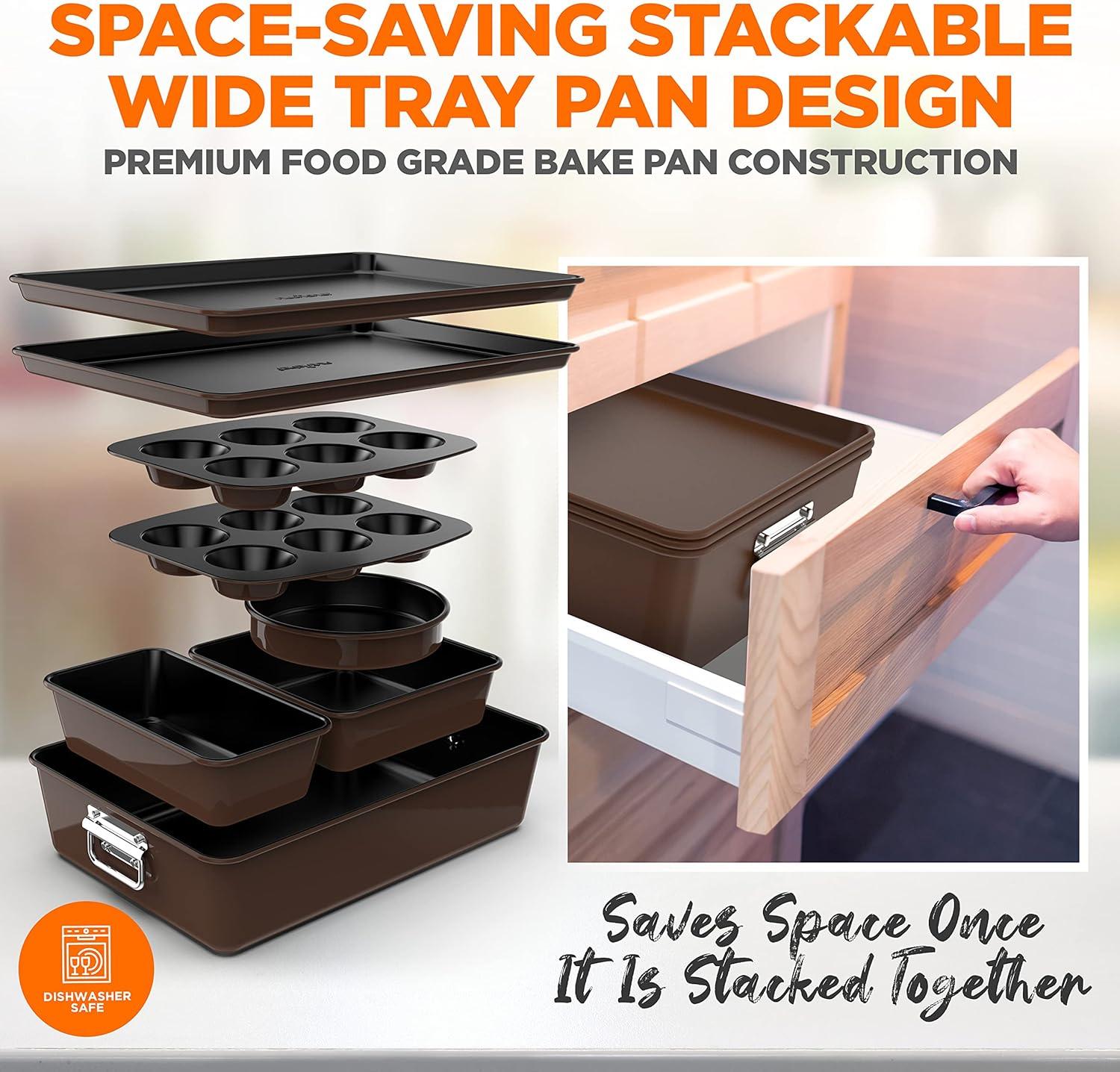 NutriChef 8-Piece Nonstick Stackable Bakeware Set - Pfoa, Pfos, Ptfe Free Baking Tray Set W/ Non-Stick Coating, 450°F Oven Safe, Round Cake, Loaf, Muffin, Wide/Square Pans, Cookie Sheet