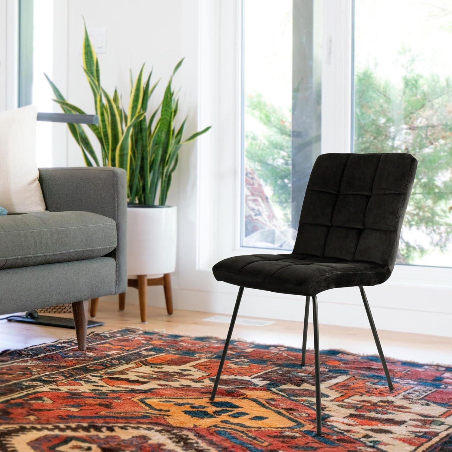 Elama 2 Piece Velvet Tufted Chairs in Black with Black Metal Legs