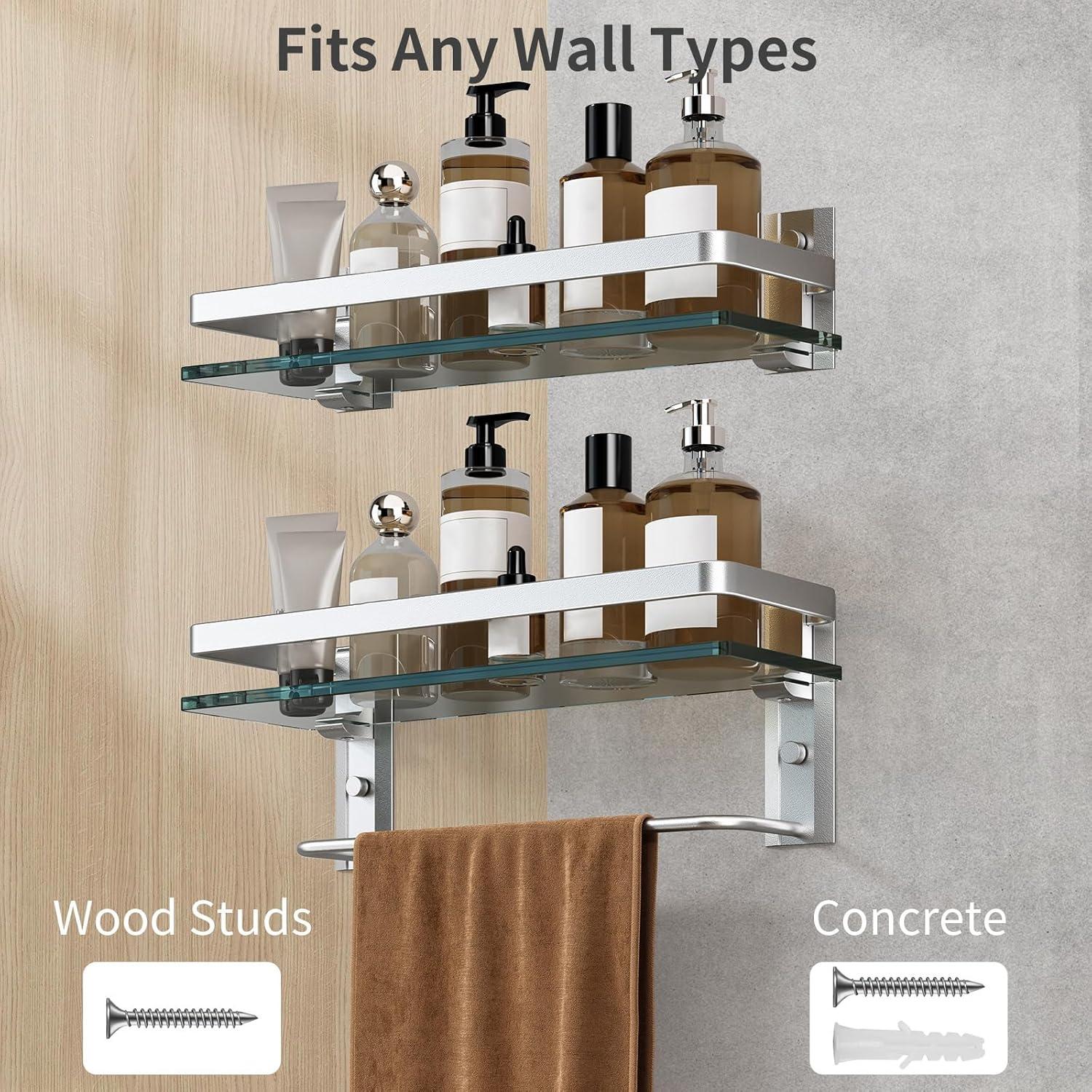 Matte Silver Bathroom Shelves Wall Mounted- Clear Tempered Glass Shelf with Towel Bar and Hand Towel Holder