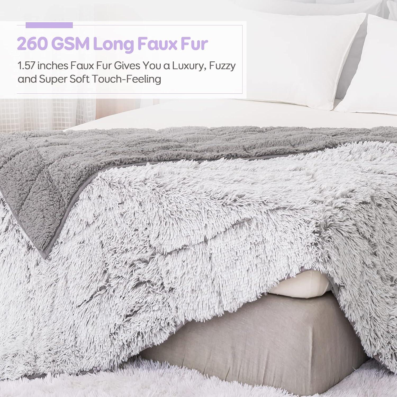 Cottonblue Faux Fur Weighted Blanket 15 lbs, Long Fur Fluffy Weighted Blanket Twin Size for Adults, Cozy Warm Fuzzy Sherpa Reverse Heavy Blanket for Sofa Bed Couch, 48 x 72 Inches, Morandi Grey