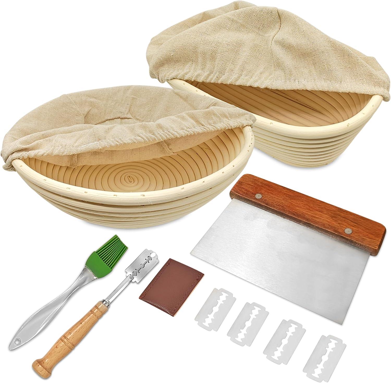 Bread Banneton Proofing Basket Set Of 2, 9 Inch Round & 10 Oval Cane Sourdough Baskets With Lame + Dough Scraper Linen Liner Basting Brush For Making Baking Fermentation
