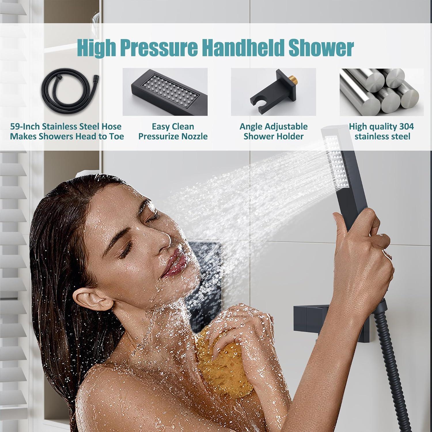 Shower Faucet Set 12" Matte Black Shower Head And Handle Set Rainfall Shower System with Square Rain Shower Head and High Pressure Handheld Spray