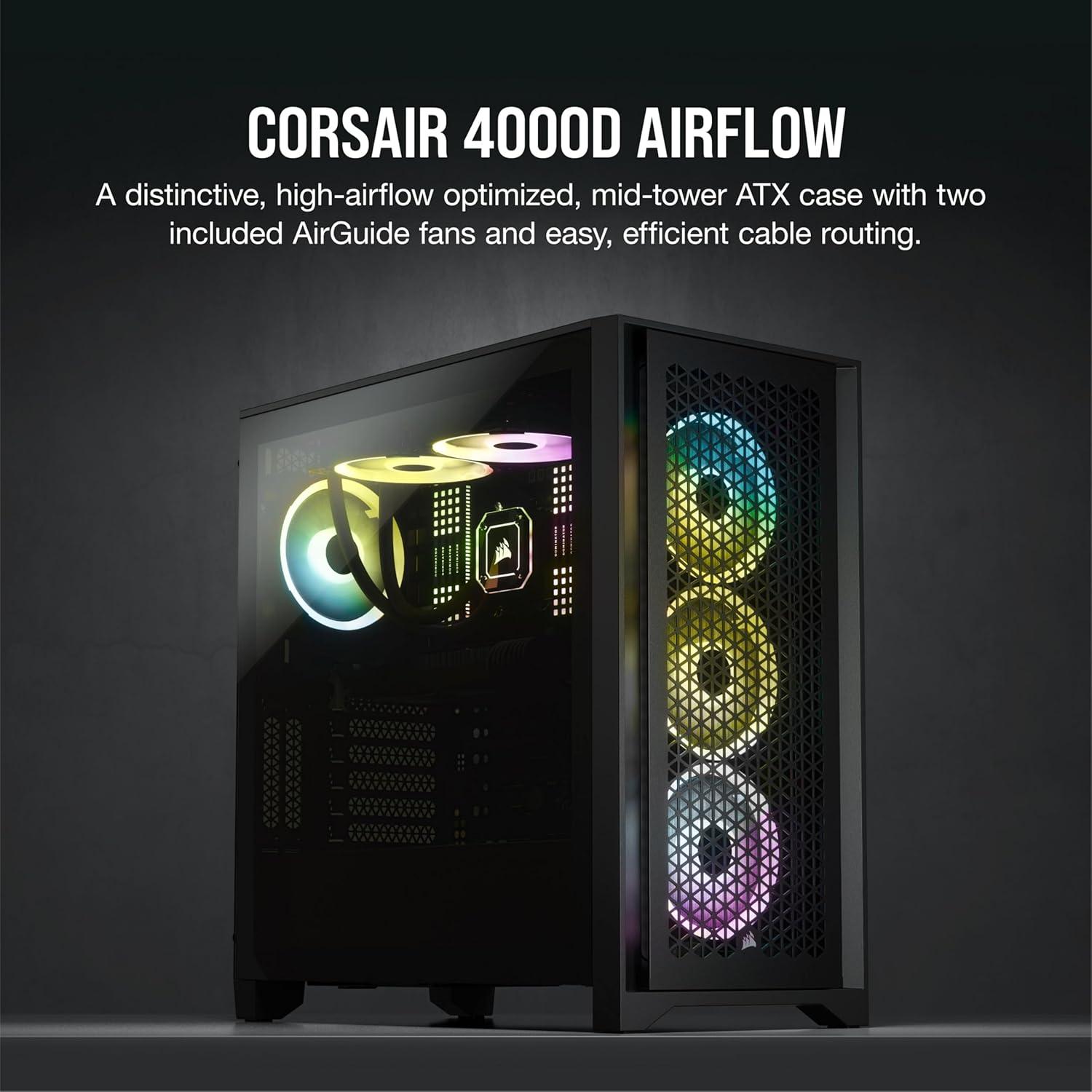 Corsair 4000D AIRFLOW Tempered Glass Mid-Tower ATX Case - Black - Mid-tower - Black - Steel, Tempered Glass, Plastic - 4 x Bay - 2 x 4.72" x Fan(s) Installed - 0 - ATX Motherboard Supported - 6 x