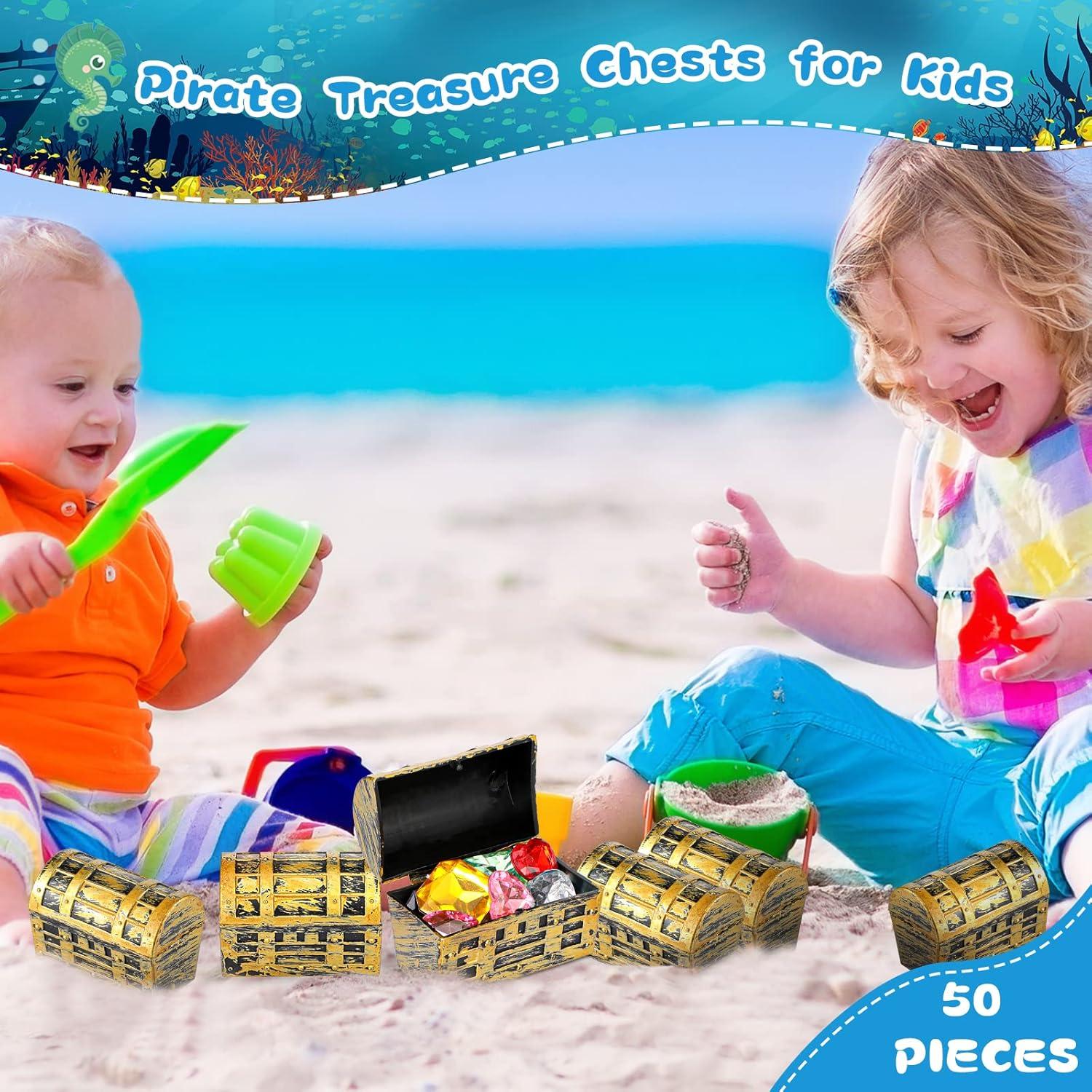 32 Pieces Mini Pirate Treasure Chests 2.3 Inch Plastic Treasure Chests with a Gold Finish Vintage Pirate Jewelry Box for Halloween Birthday Christmas Party Favors Trinkets Supplies for Boys Girls