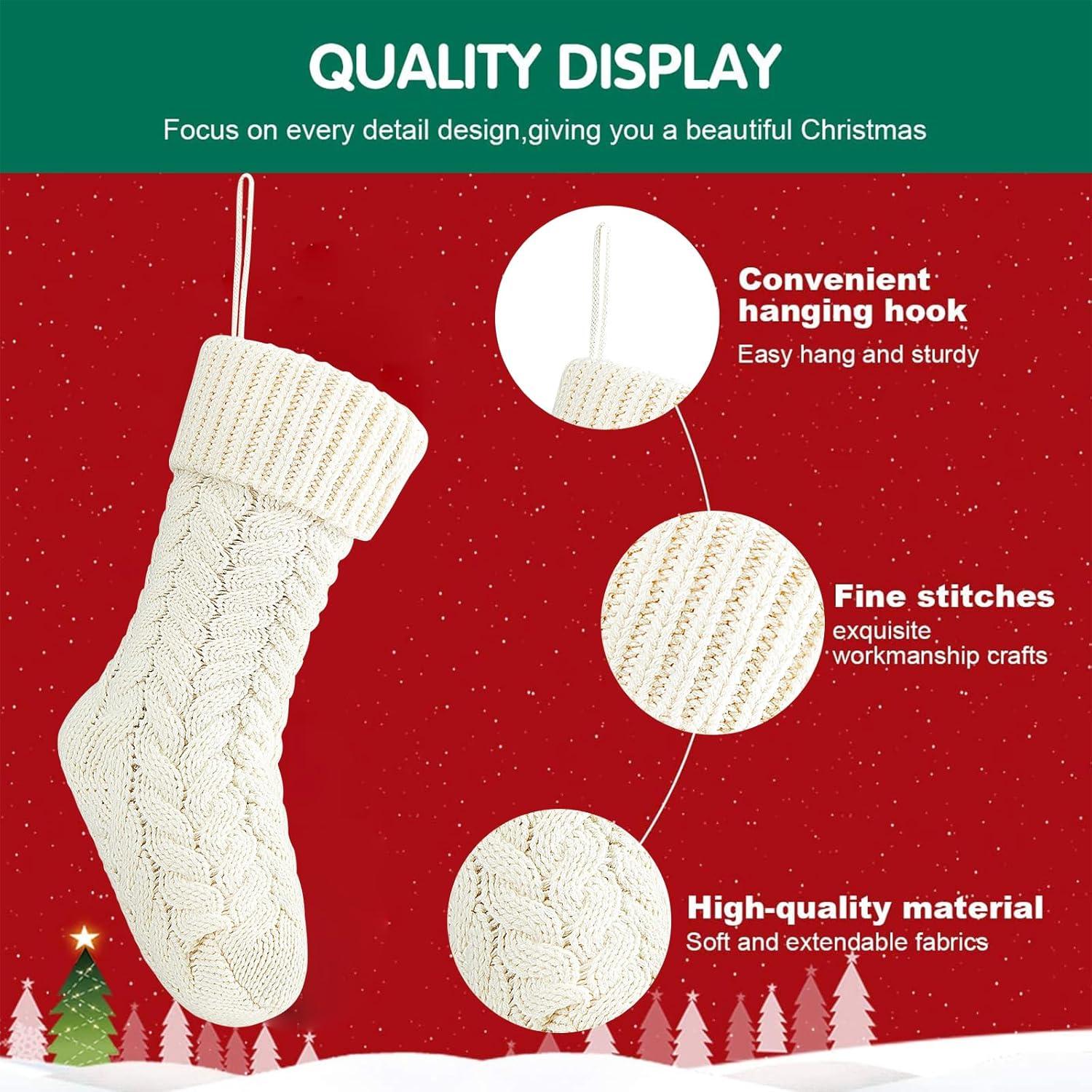 Pack 6, 18" Ivory Cable Knitted Christmas Stockings for Family Holiday Xmas Party Decor