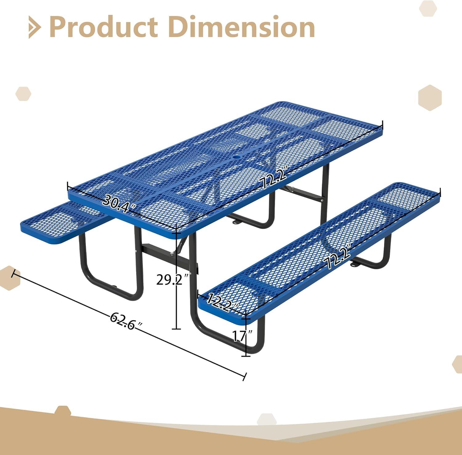 72'' Blue Rectangular Steel Outdoor Picnic Table with Umbrella Hole