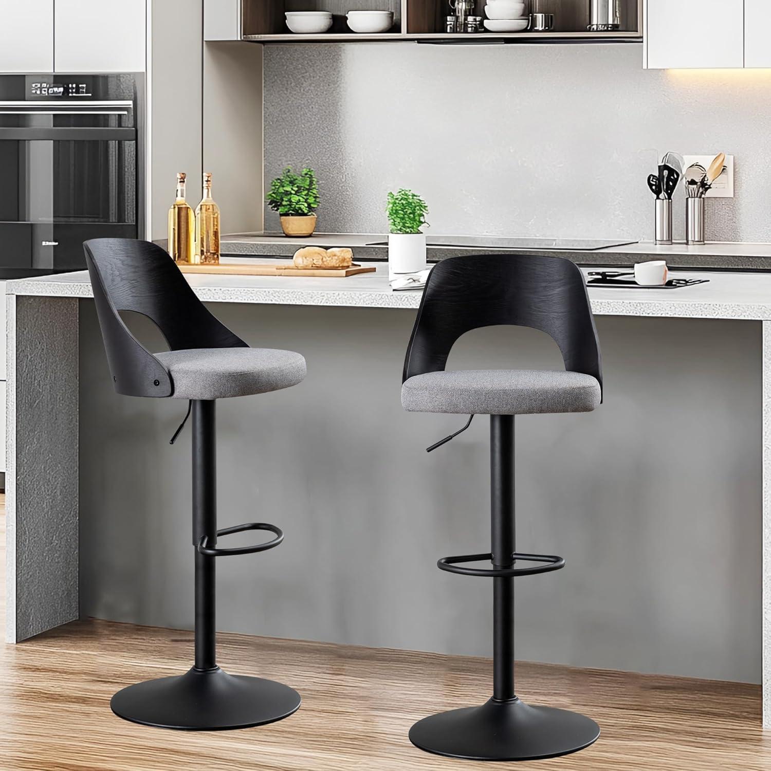 Adjustable Black and Gray Swivel Bar Stools with Bentwood Back, Set of 2